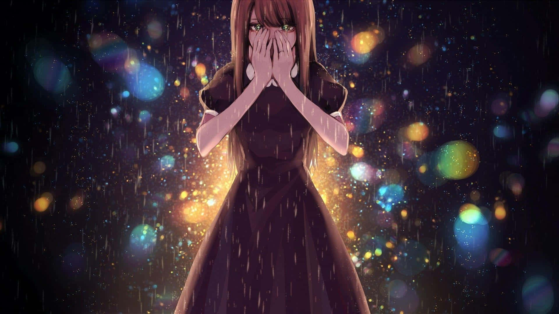  壁紙 — 一個穿著深色連衣裙的年輕動漫女孩在雨中以發光球體的鮮豔宇宙背景遮住臉龐。