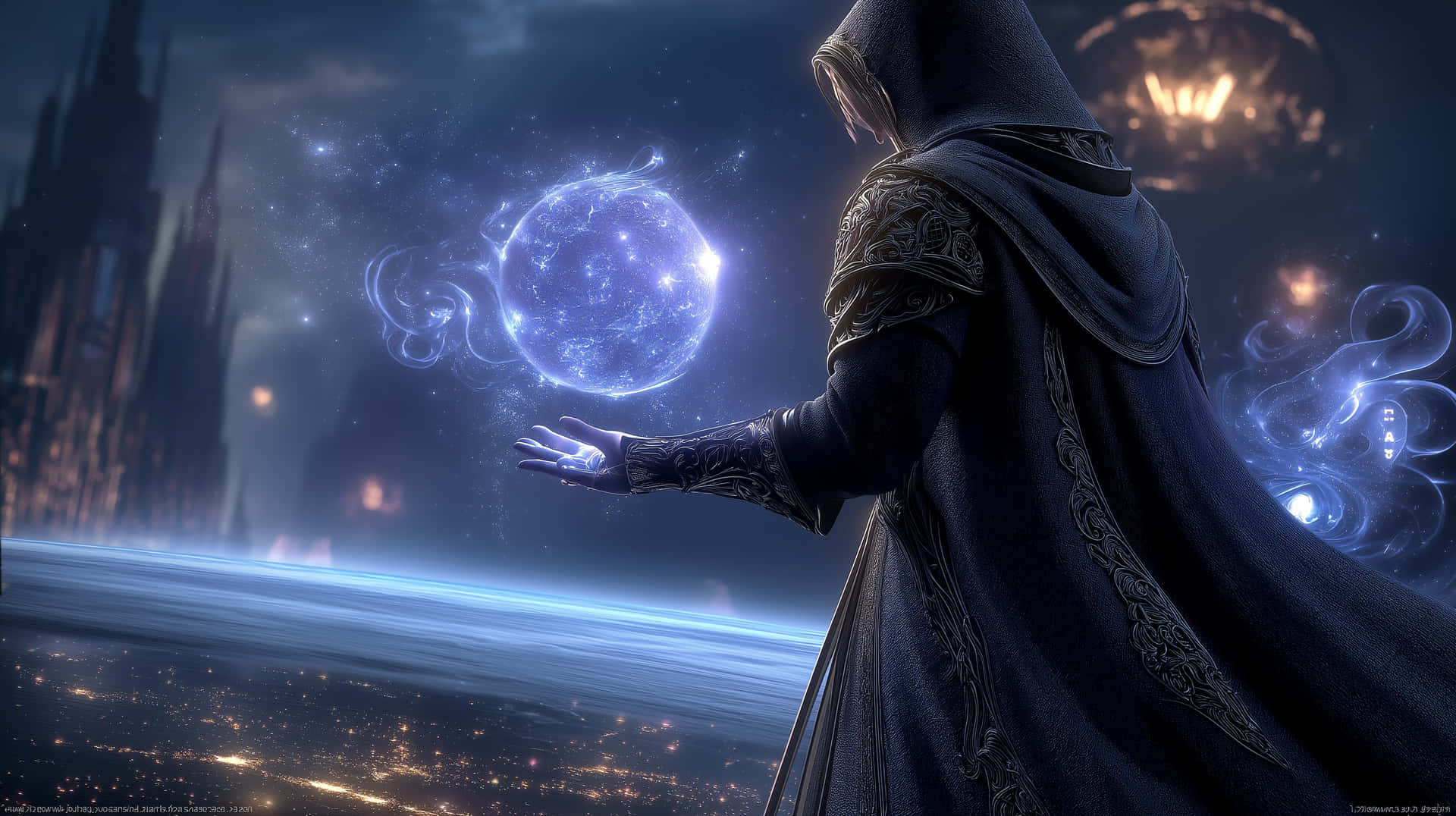 Mystic Summoning a Luminous Orb Above a Cosmic Horizon 壁紙 — 一個穿著深色長袍的戴帽人物，向著在星空下城市天際線上方漂浮的發光藍色球體伸出手。