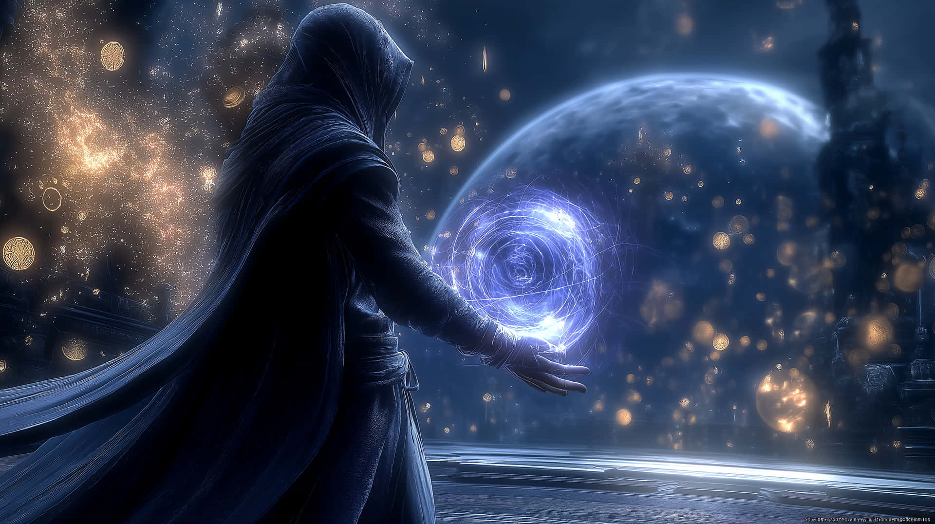 Hooded Figure Conjuring Cosmic Energy in a Starry Expanse 壁紙 — 一個穿著深色長袍的戴帽人物，向著漂浮在遙遠行星和星場前的發光藍色能量球伸出手。