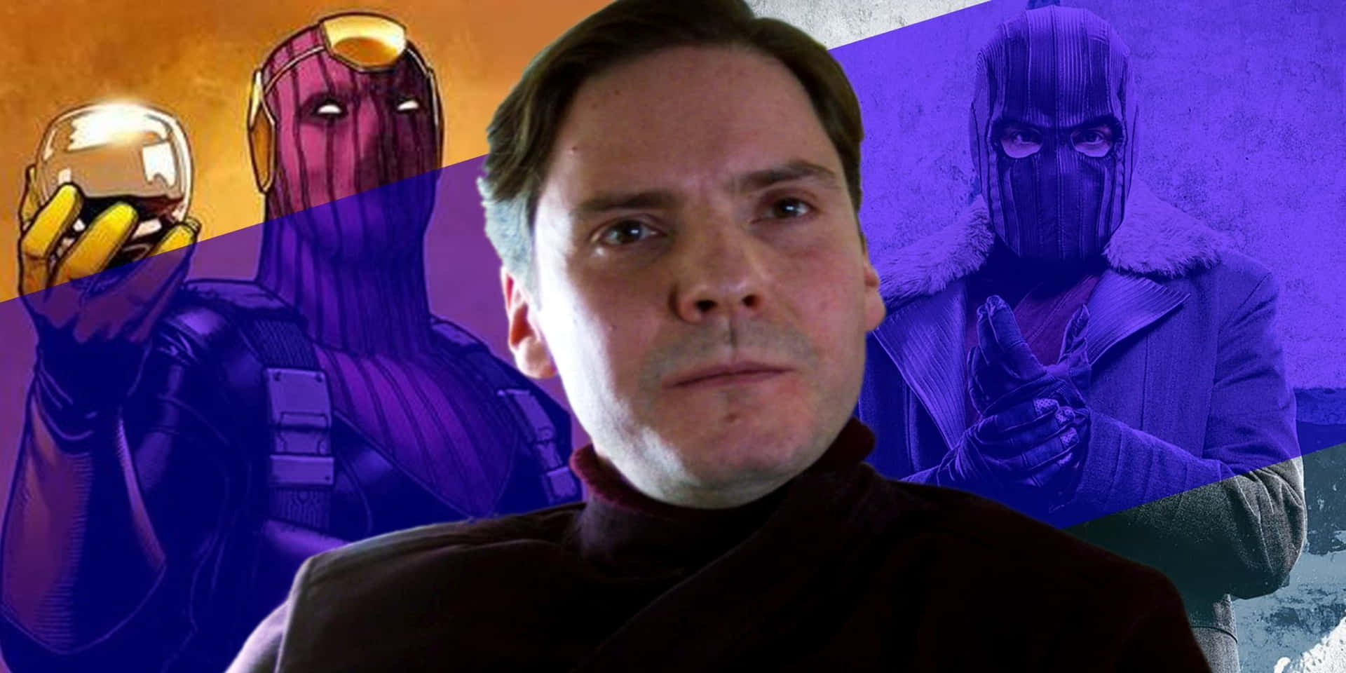 Baron Zemo 桌布 壁紙 — 一個穿著深色高領毛衣的男人直視前方，背後有漫畫反派以鮮豔的紫色和橙色色調隱現。