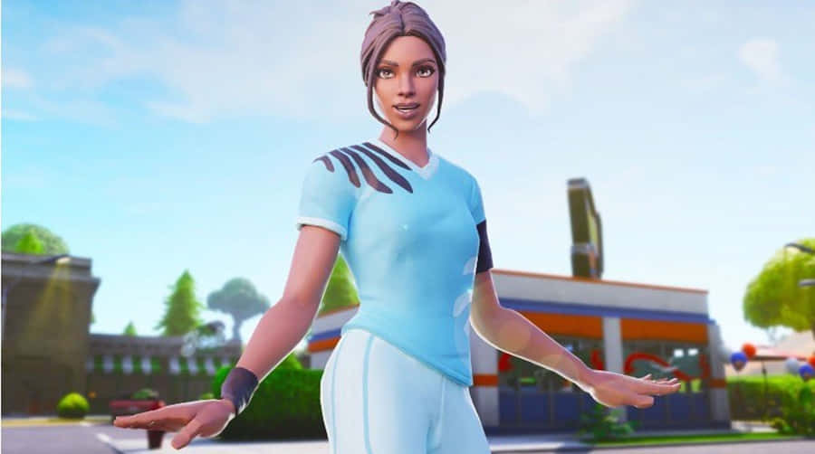 Fortnite 造型 桌布 壁紙 — 一個穿著淺藍色運動服的Fortnite角色在陽光明媚的郊區環境中張開雙臂站立。