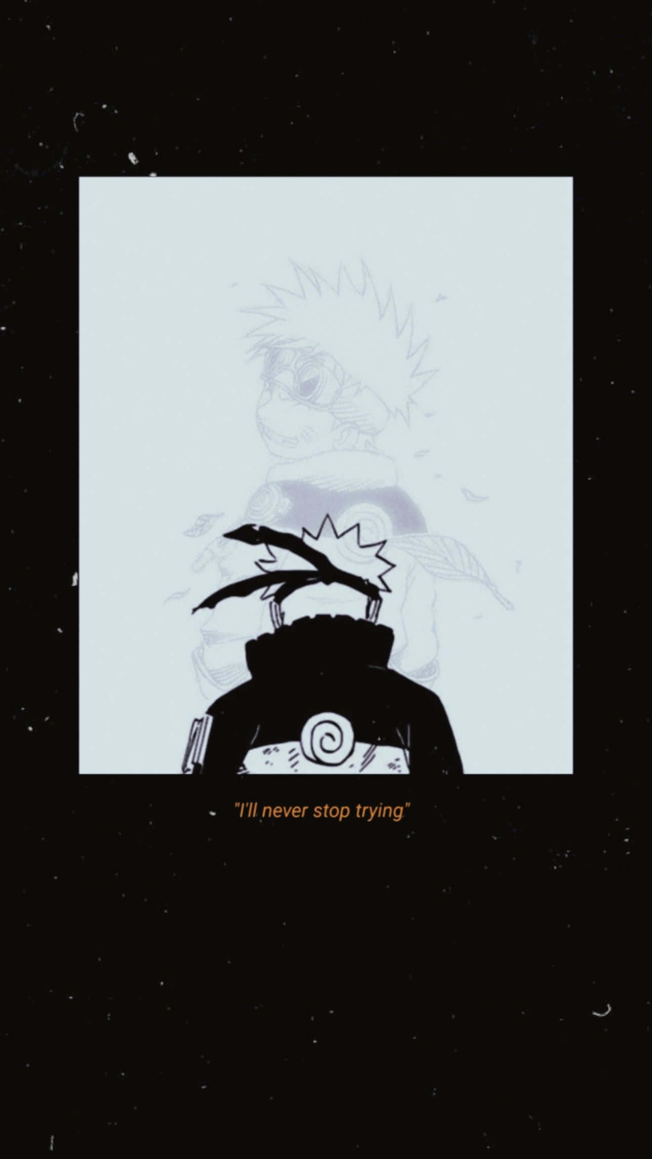 Sad Aesthetic Naruto 桌布 壁紙 — 一個穿著火影袍的漩渦鳴人剪影，站在他臉部褪色素描前，背景是星空夜空。
