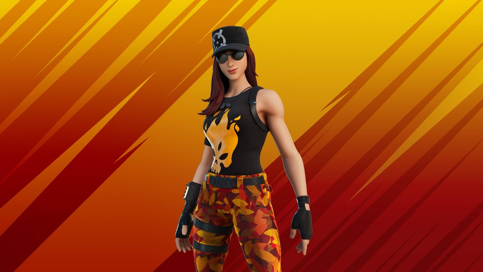 Og 桌布 壁紙 — 一個穿著火焰主題裝備的Fortnite角色自信地站在充滿活力的橙色和紅色對角漸變背景前。