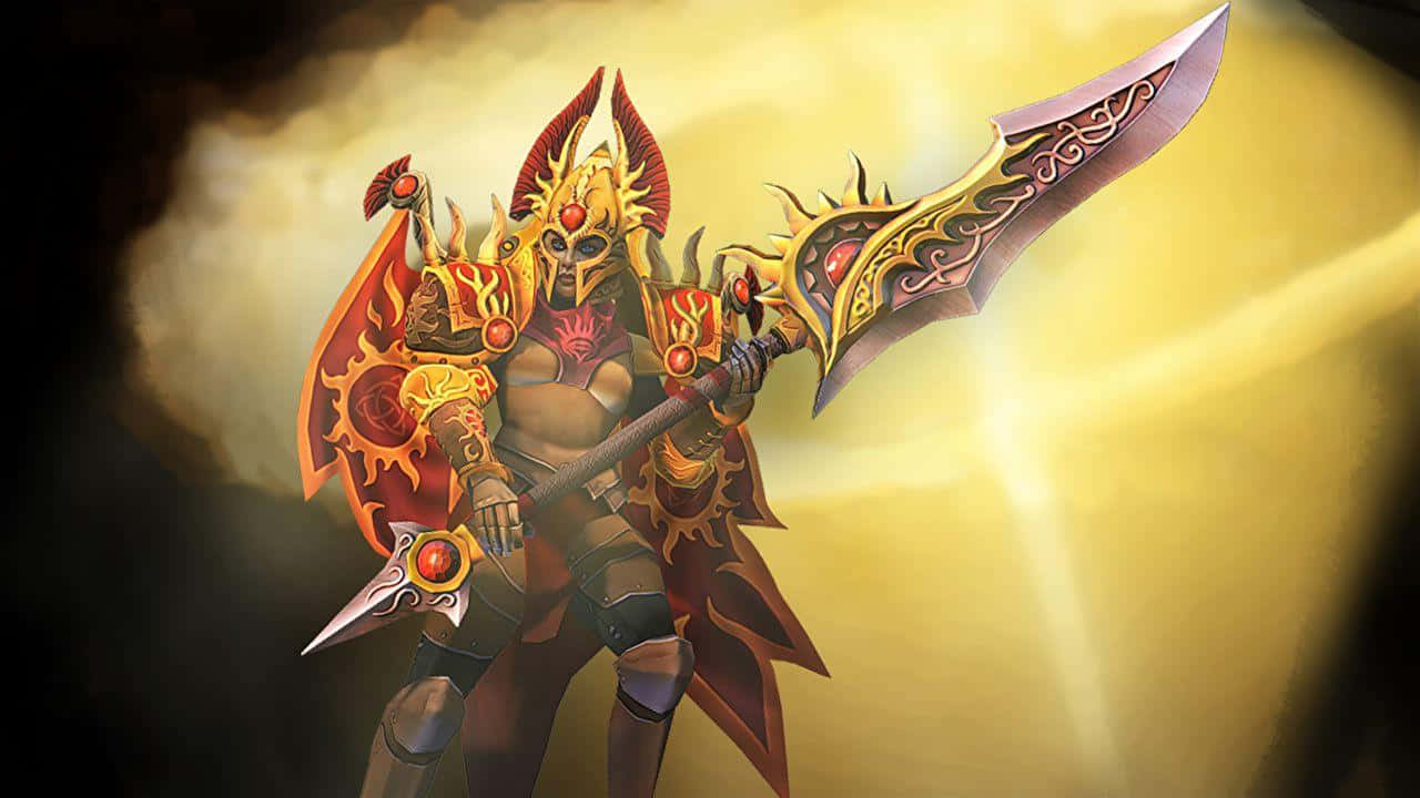 Legion Commander 桌布 壁紙 — 一個穿著火焰盔甲、戴著尖刺頭盔、手持華麗劍的戰士，站在發光的金色背景前。