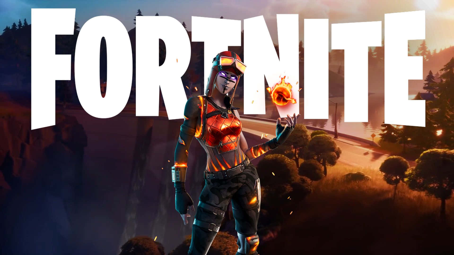 電玩遊戲 桌布 壁紙 — 一個穿著火焰盔甲的Fortnite角色，在夕陽背景下英勇站立，遊戲標題巨大地浮現。