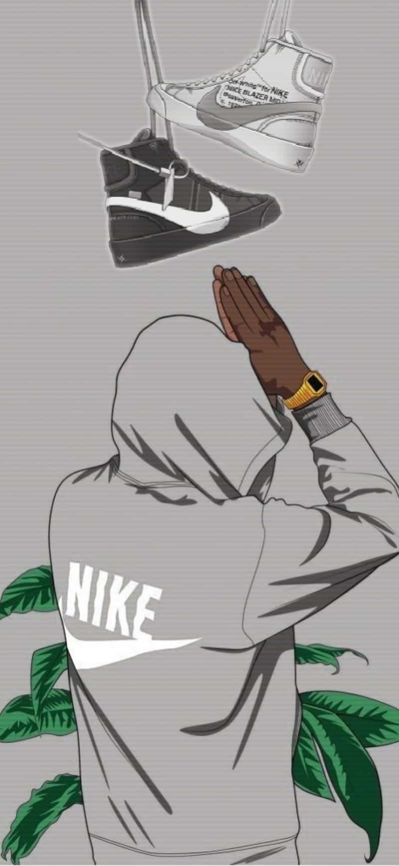 潮流玩家 桌布 壁紙 — 一個穿著灰色Nike連帽衫的人正在祈禱，兩雙高筒運動鞋漂浮在他們上方，背景為純色。