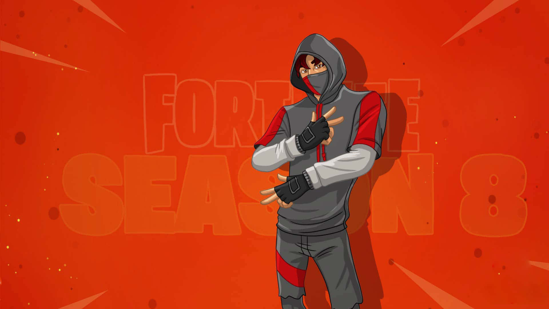 Fortnite Ikonik Skin 桌布 壁紙 — 一個穿著灰色和紅色連帽衫的Fortnite第8季角色在充滿活力的橙色背景前擺姿勢，帶有動態條紋。