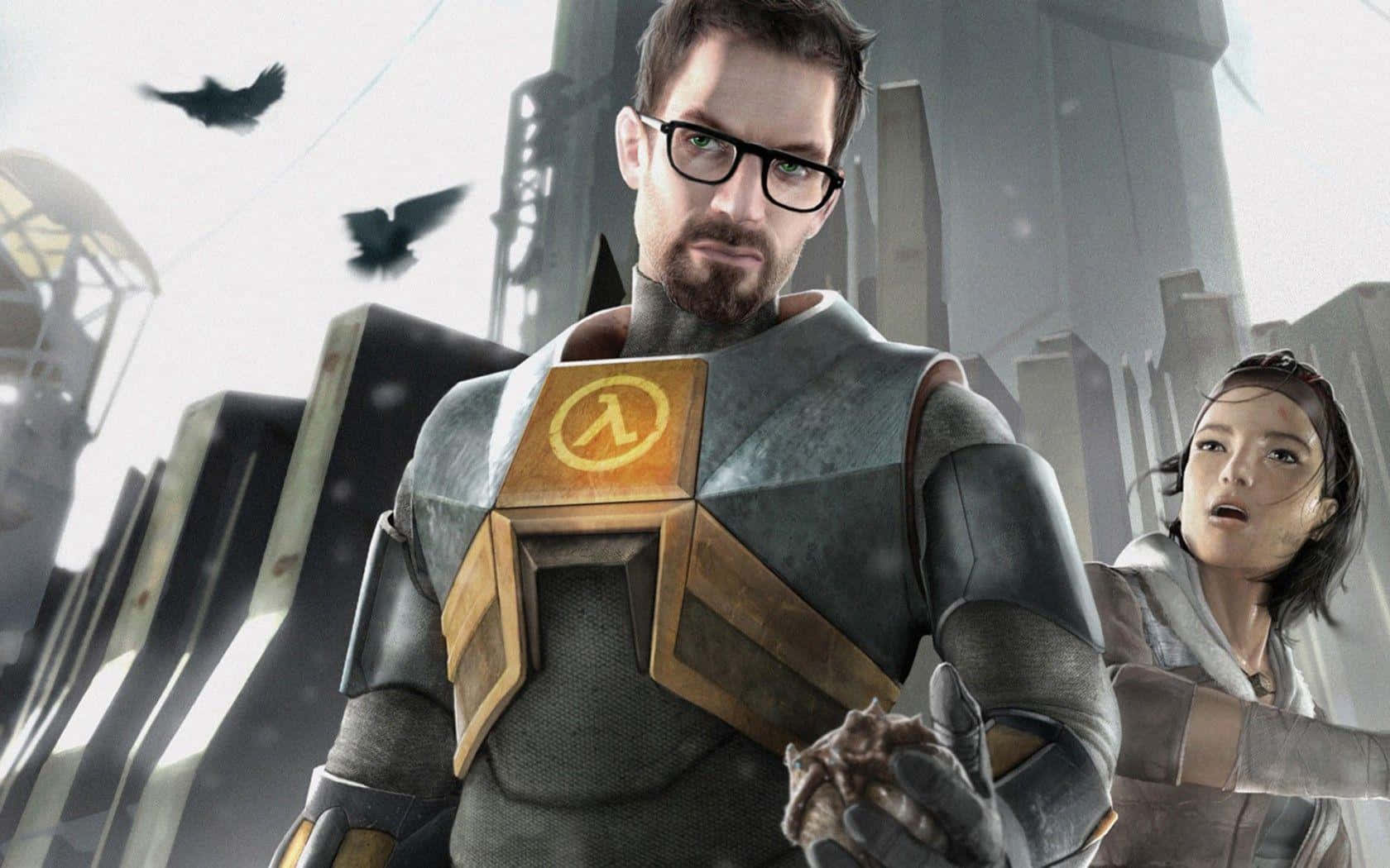 Half Life 2 桌布 壁紙 — 一個穿著灰色和金色裝甲服、帶有 lambda 符號的男人站在廢墟城市景觀中，一個女人看著，鳥兒在頭頂飛翔。