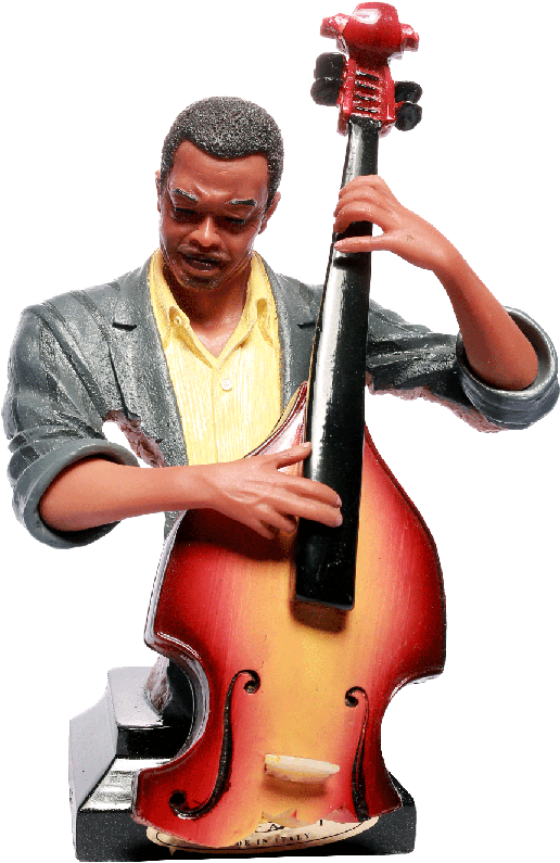 cello 桌布 壁紙 — 一個穿著灰色外套和黃色襯衫的男人雕像，在黑色背景下演奏一把紅色和橙色漸變的直立貝斯。