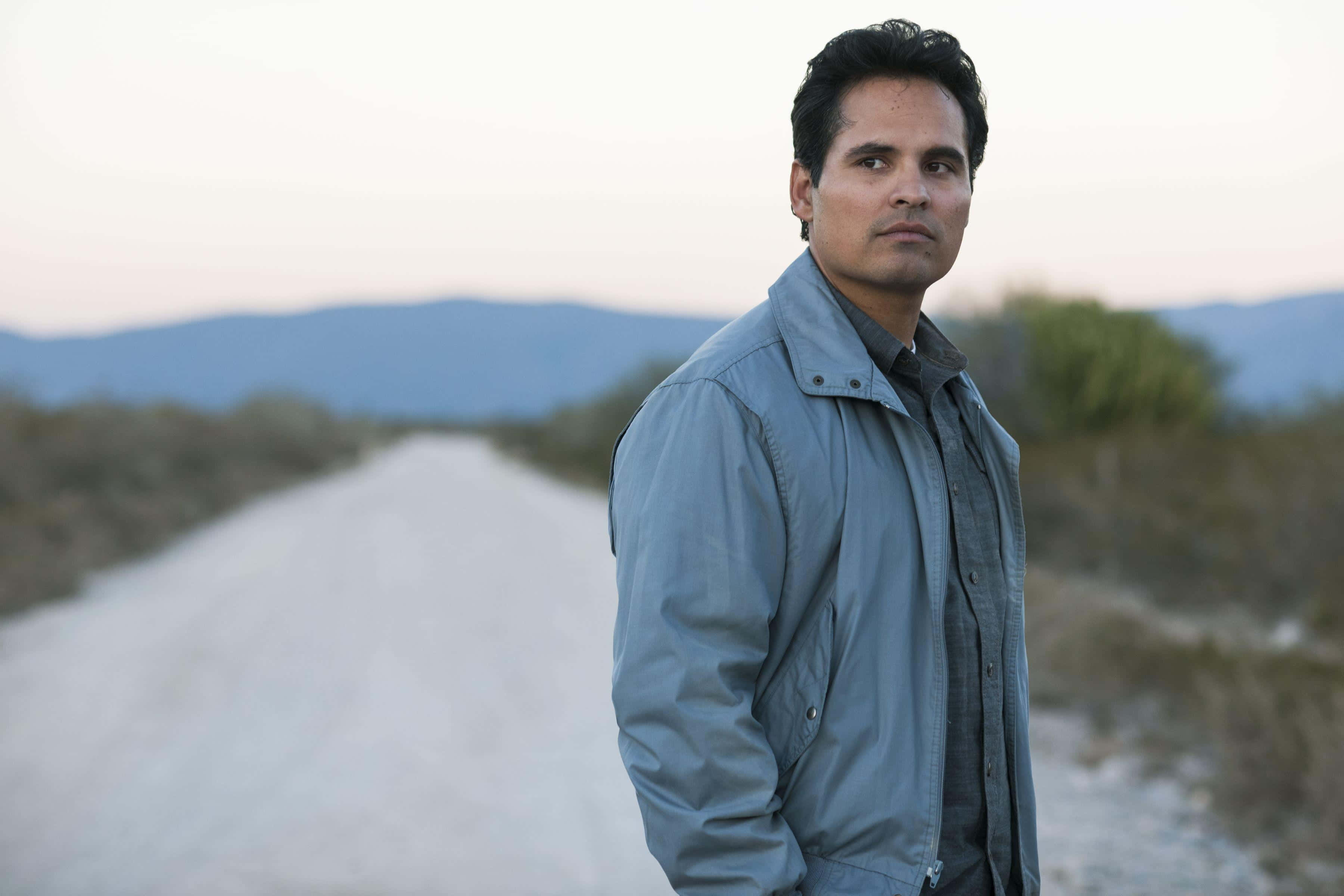 Michael Peña 桌布 壁紙 — 一個穿著灰色夾克的男人在黃昏時站在一條塵土飛揚的路上，背景是山脈。
