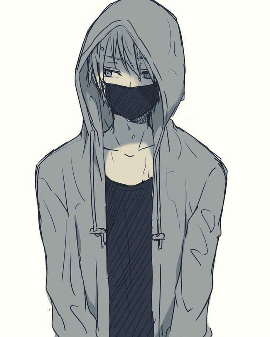 動漫男孩 桌布 壁紙 — 一個穿著灰色連帽衫和黑色口罩的動漫角色，在純白背景下用蒼白的眼睛凝視著。
