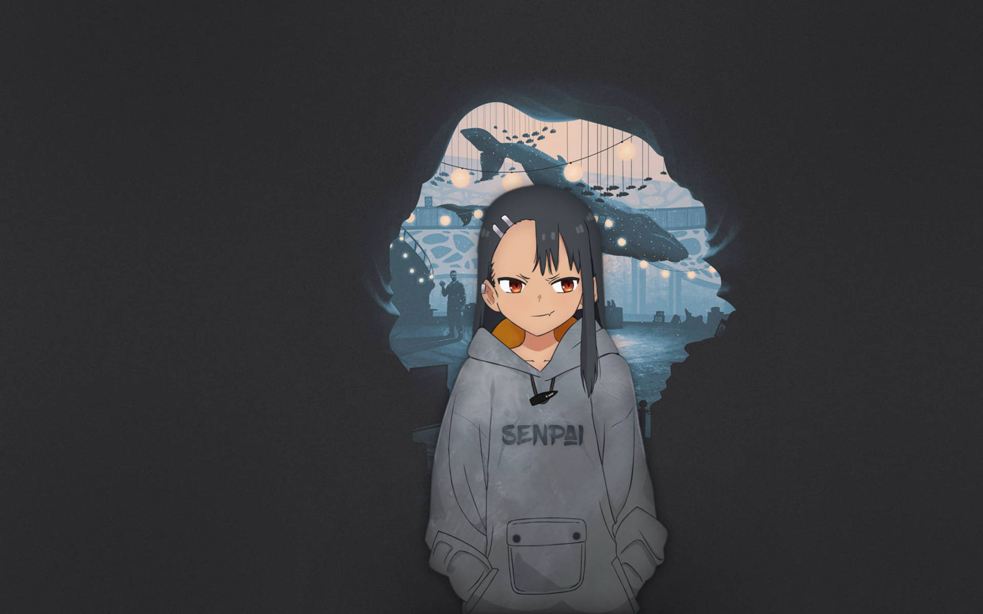 Nagatoro 桌布 壁紙 — 一個穿著灰色連帽衫的女孩站在一個發光的洞前，洞中顯現出一條鯨魚和城市景觀，上方掛著燈串。