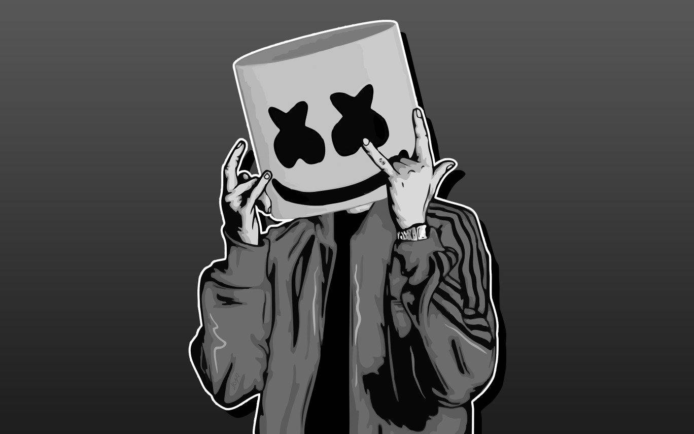 Marshmallow Dj 桌布 壁紙 — 一個穿著灰色連帽衫的風格化人物，手持帶有黑色眼睛和微笑的標誌性棉花糖面具，同時在深色漸變背景前做手勢。