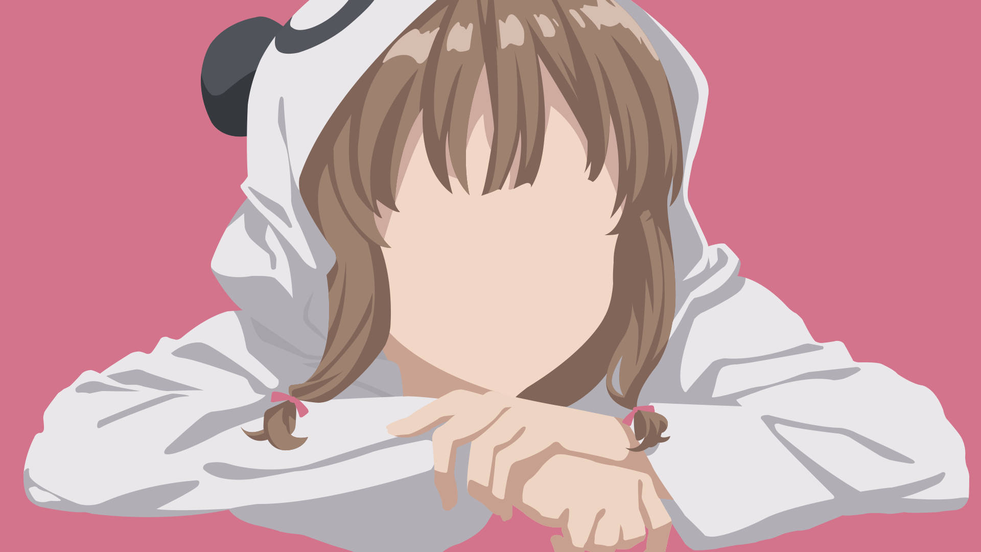 Rascal Does Not Dream Of Bunny Girl Senpai 桌布 壁紙 — 一個穿著熊貓連帽衫的年輕動漫女孩，在純粉色背景上將下巴擱在手臂上。