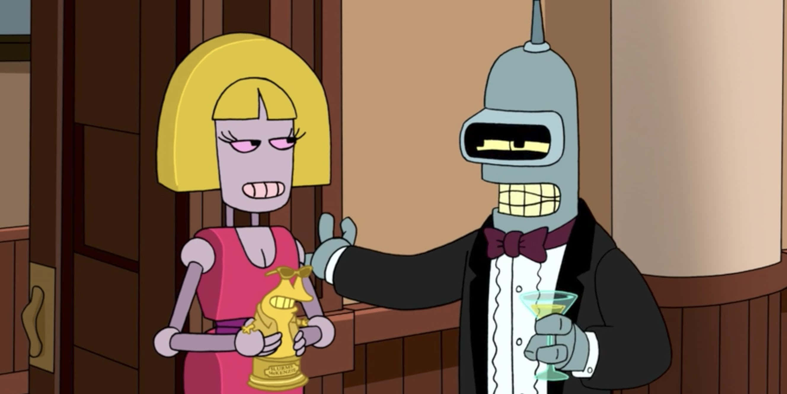 Futurama 桌布 壁紙 — 一個穿著燕尾服的卡通機器人向一位在木鑲板房間裡拿著金色獎盃的金髮女子遞上飲料。