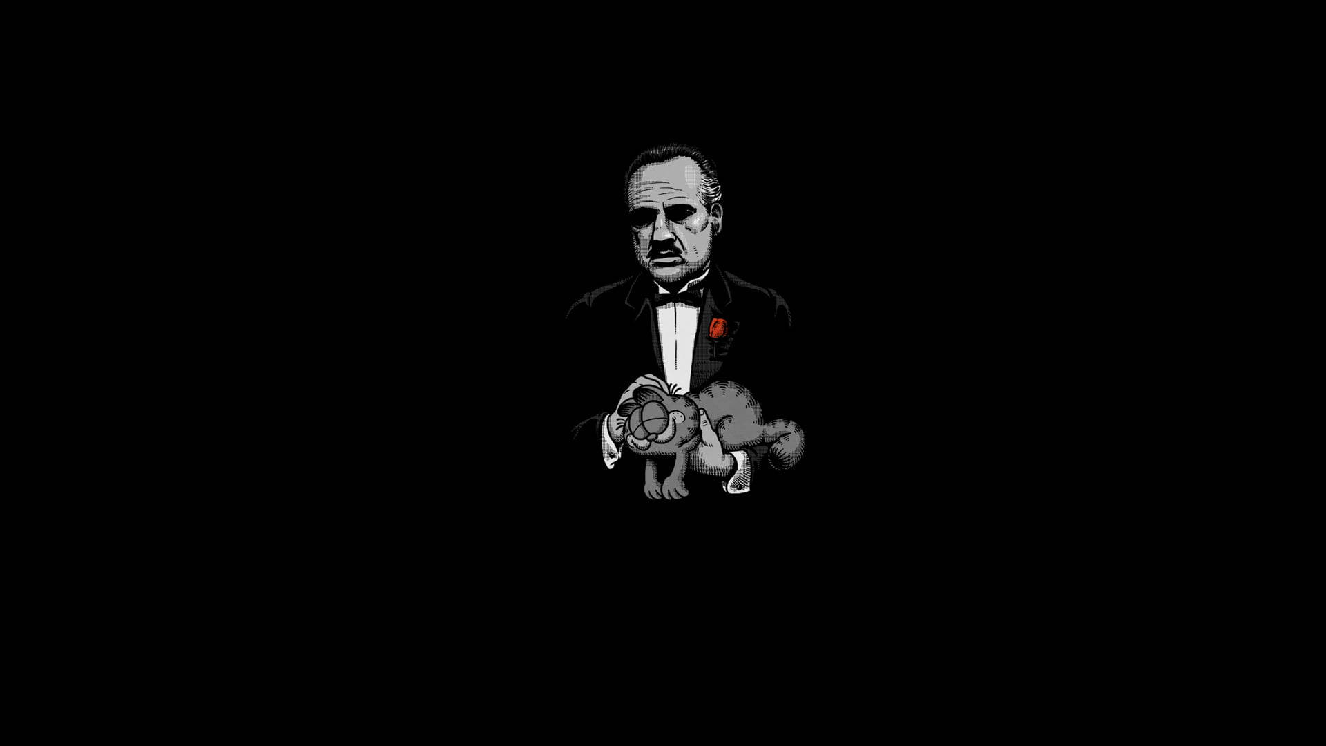 Godfather 桌布 壁紙 — 一個穿著燕尾服的男人抱著卡通貓的鮮明黑白插圖，背景空白。