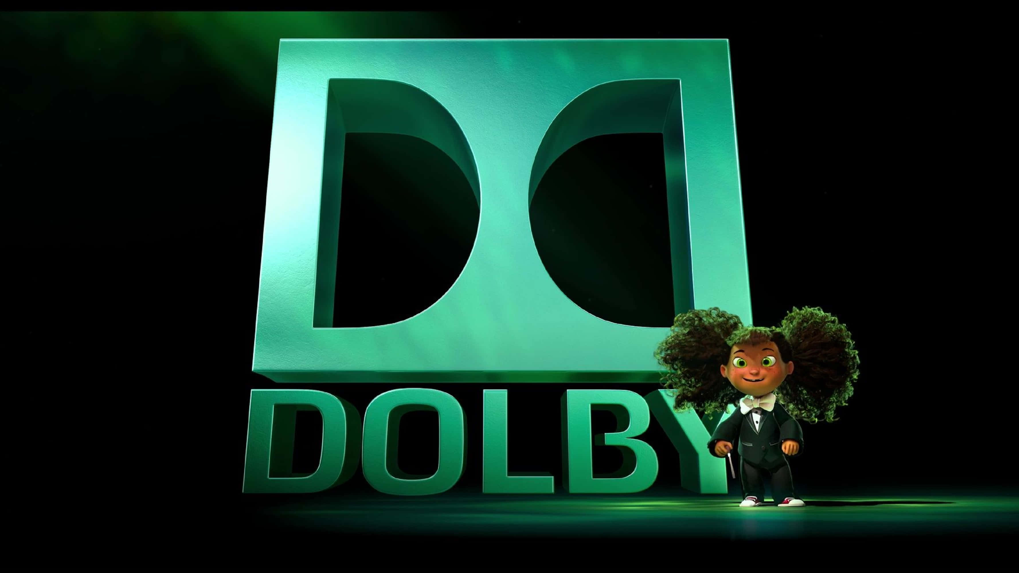 4K Dolby Vision 桌布 壁紙 — 一個穿著燕尾服的開心動畫小孩站在黑暗背景中發光的綠色Dolby標誌旁邊。