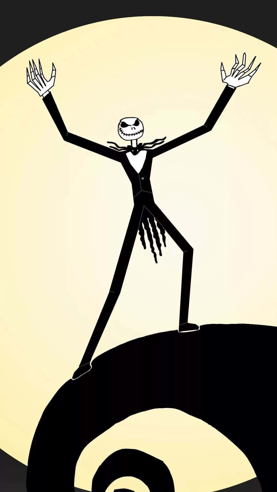 Nightmare Before Christmas Phone 桌布 壁紙 — 一個穿著燕尾服的風格化骷髏人物，勝利地站在黑色螺旋上，背景是淡黃色的新月。