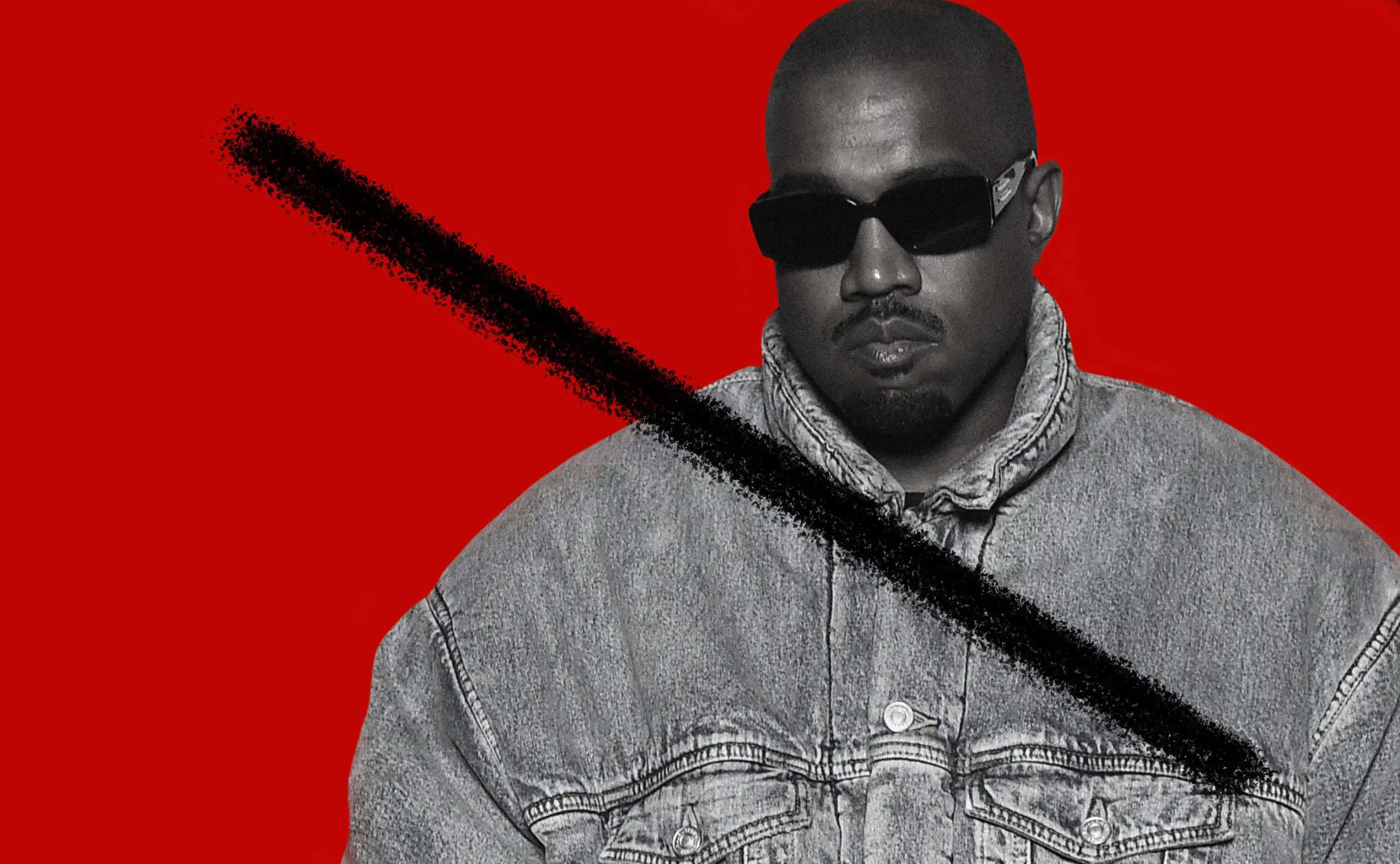 Kanye 桌布 壁紙 — 一個穿著牛仔外套和太陽眼鏡的男人，在鮮紅色背景上被黑色筆觸劃掉。