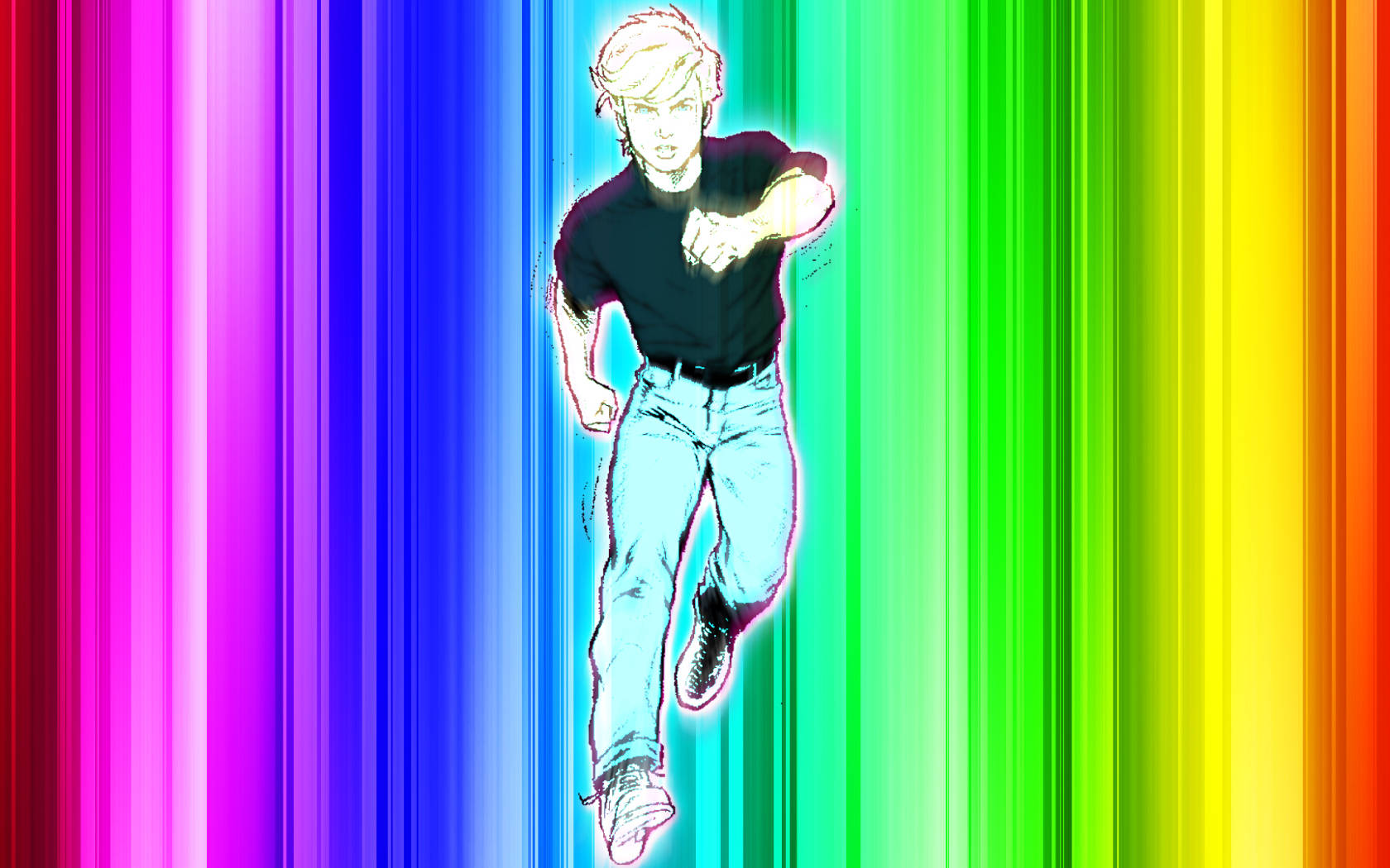 桌布 壁紙 — 一個穿著牛仔褲和黑色襯衫的風格化動漫男孩在充滿活力的彩虹條紋背景前向前奔跑。