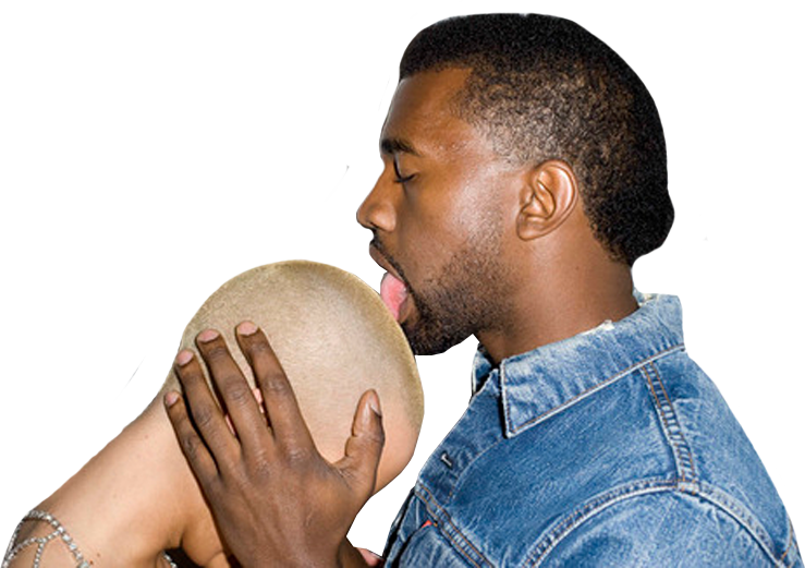 Kanye 桌布 壁紙 — 一個穿著牛仔襯衫的男人舔著一個臉部被遮住的人的禿頭。