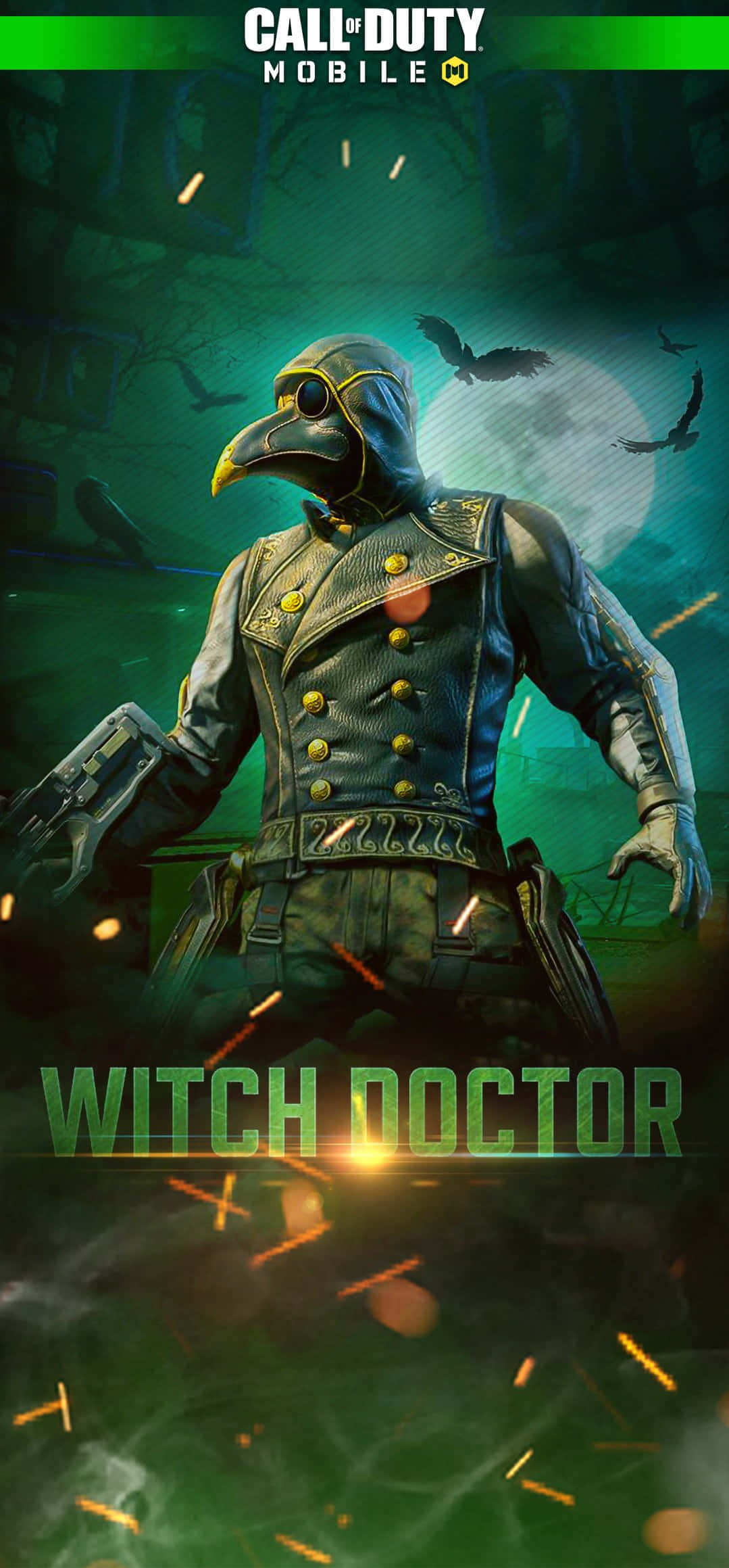 Cod Mobile Character Skins 桌布 壁紙 — 一個穿著瘟疫醫生裝備的威脅性巫醫，在滿月下揮舞武器，蝙蝠飛舞。