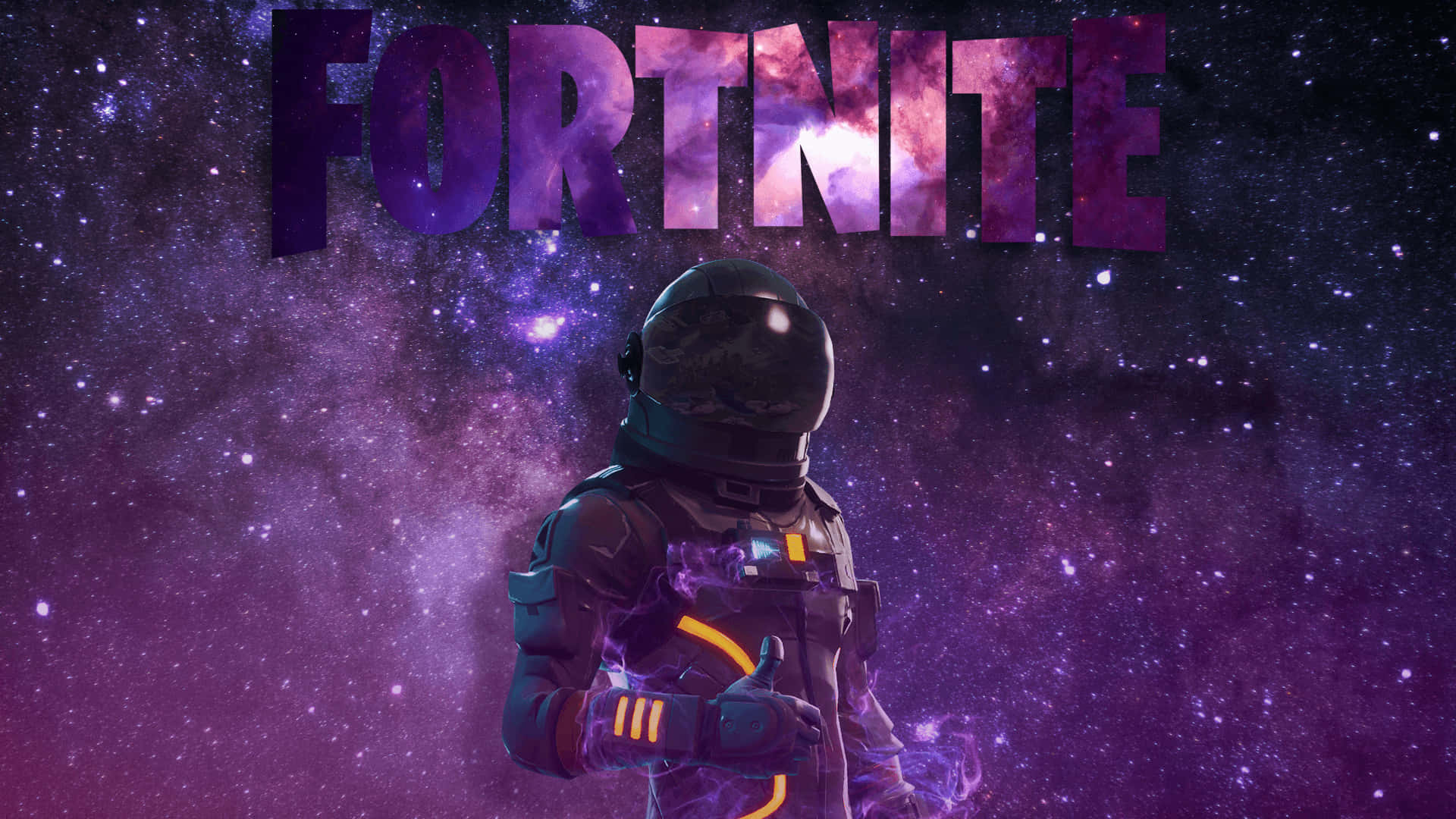 電玩遊戲 桌布 壁紙 — 一個穿著發光套裝的Fortnite太空人，在充滿星星的紫色星雲前豎起大拇指。