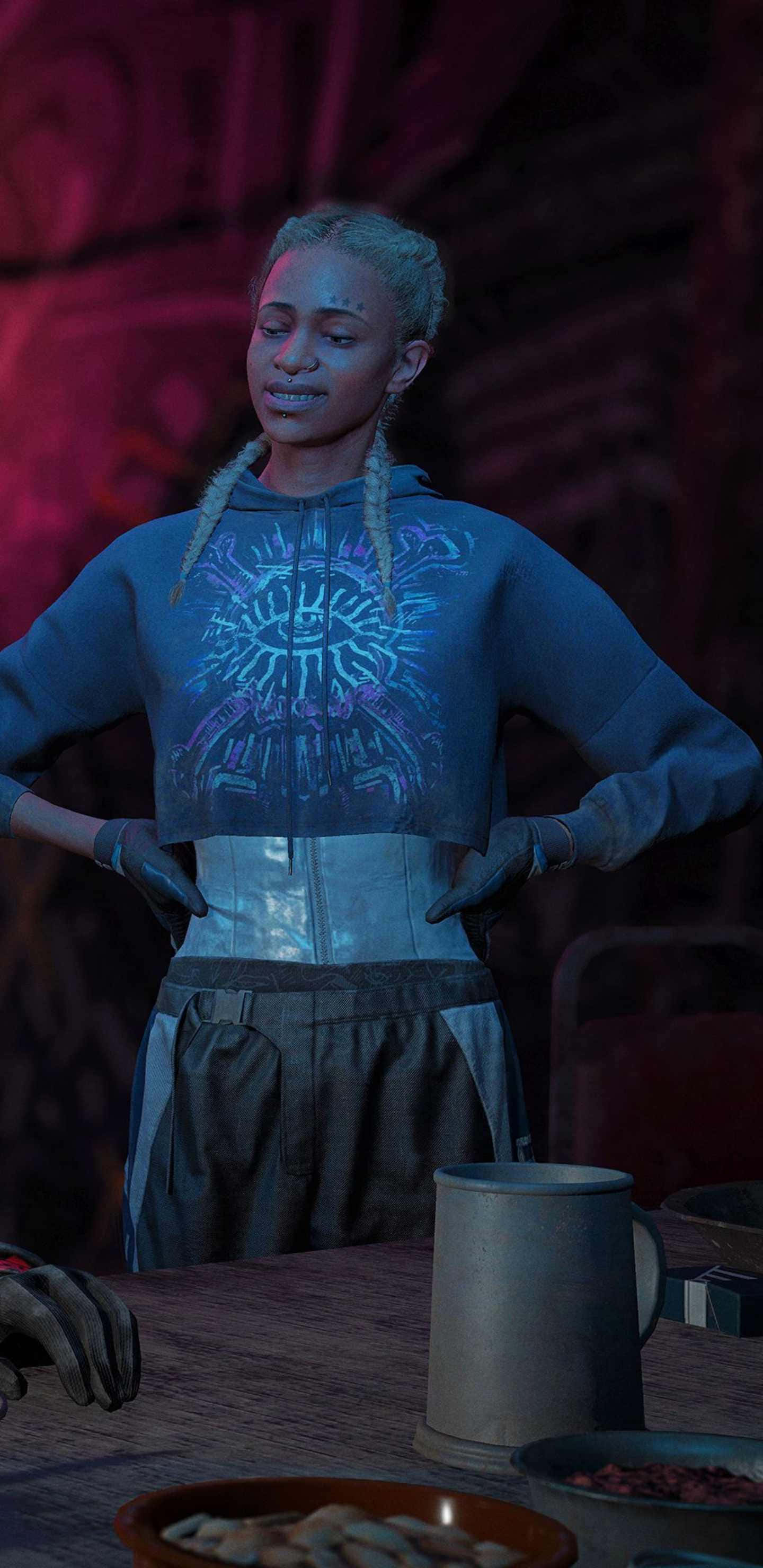 Android Far Cry New Dawn 桌布 壁紙 — 一個穿著發光藍色連帽衫的女人自信地站在一個光線昏暗、帶紅色的洞穴般環境中，附近有一張質樸的桌子。