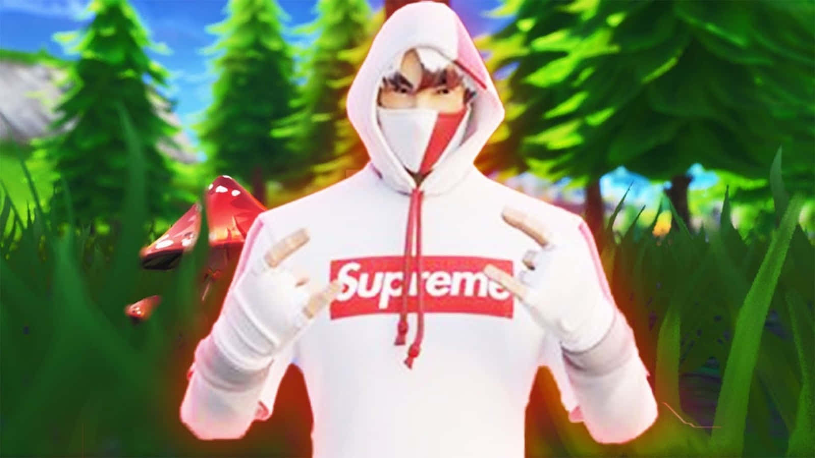 Supreme Fortnite 桌布 壁紙 — 一個穿著白色Supreme連帽衫、紅色抽繩的角色，站在一個充滿活力的森林中，有發光的蘑菇和松樹。