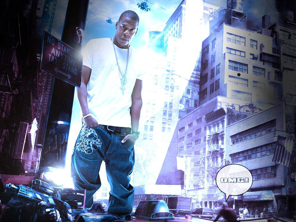 Jay-z 桌布 壁紙 — 一個穿著白色T恤和牛仔褲的男人自信地站在一條霓虹燈照亮、發出藍光的城市街道上，並有一個寫著OMG！的對話氣泡。