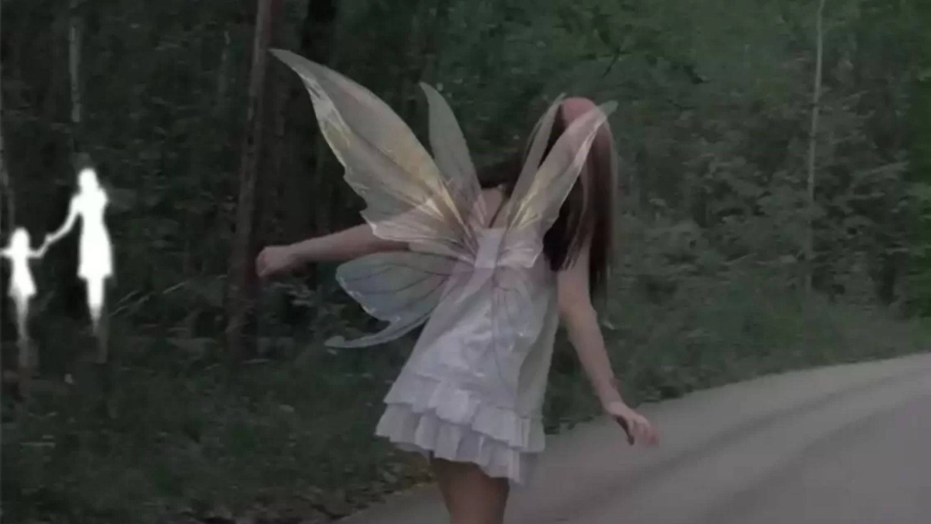 仙女美學 桌布 壁紙 — 一個穿著白色仙子服裝、擁有半透明翅膀的人走在森林小徑上，發光的鬼魂般的身影出現在他們旁邊。