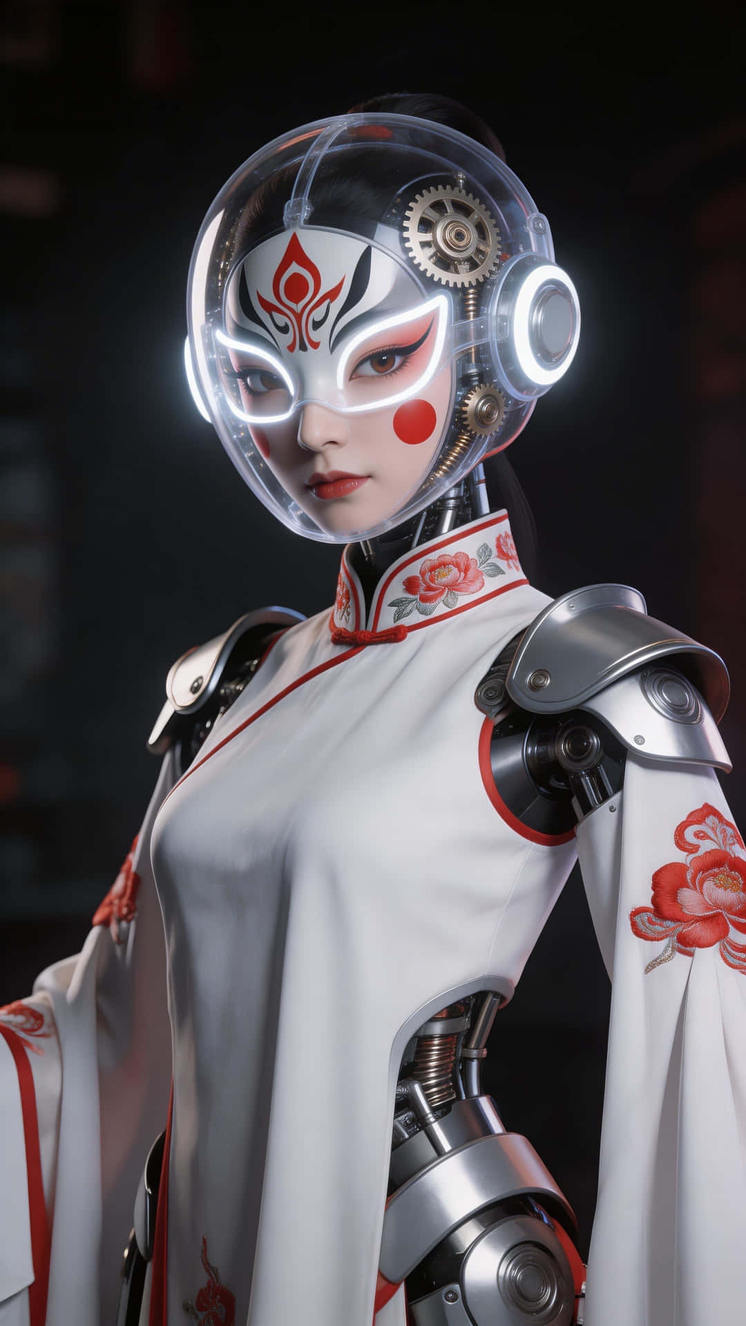 4K Wallpaper Phone Chinese Opera Girl Robot 壁紙 — 一個穿著白色傳統長袍、帶有紅色花卉刺繡的機械人，戴著發光的透明頭盔，露出機械齒輪和風格化的臉部彩繪。