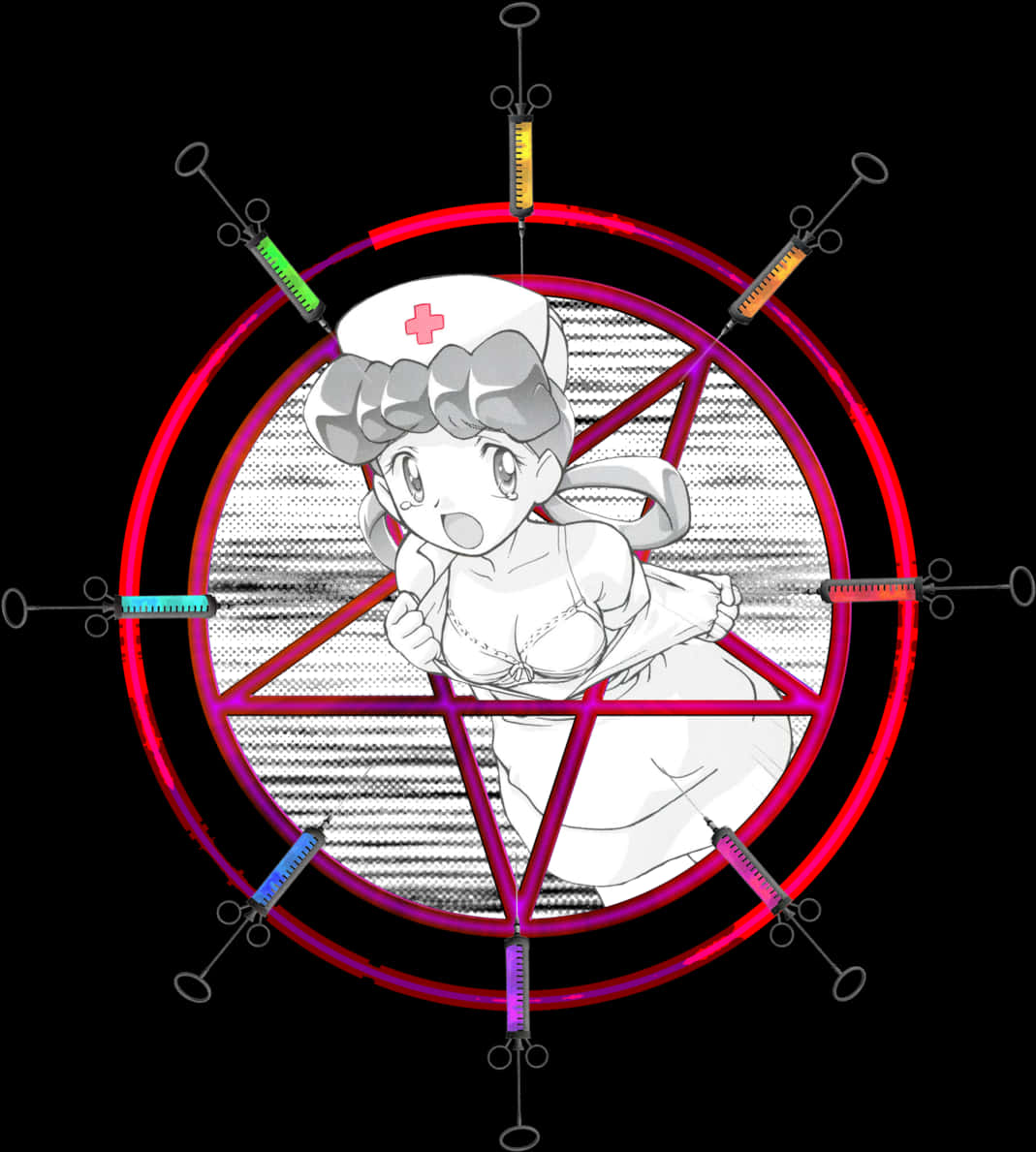 Pentagram 桌布 壁紙 — 一個穿著白色制服的卡通護士女孩被困在一個發光的紅色五角星內，周圍是色彩繽紛的注射器，背景是黑色。
