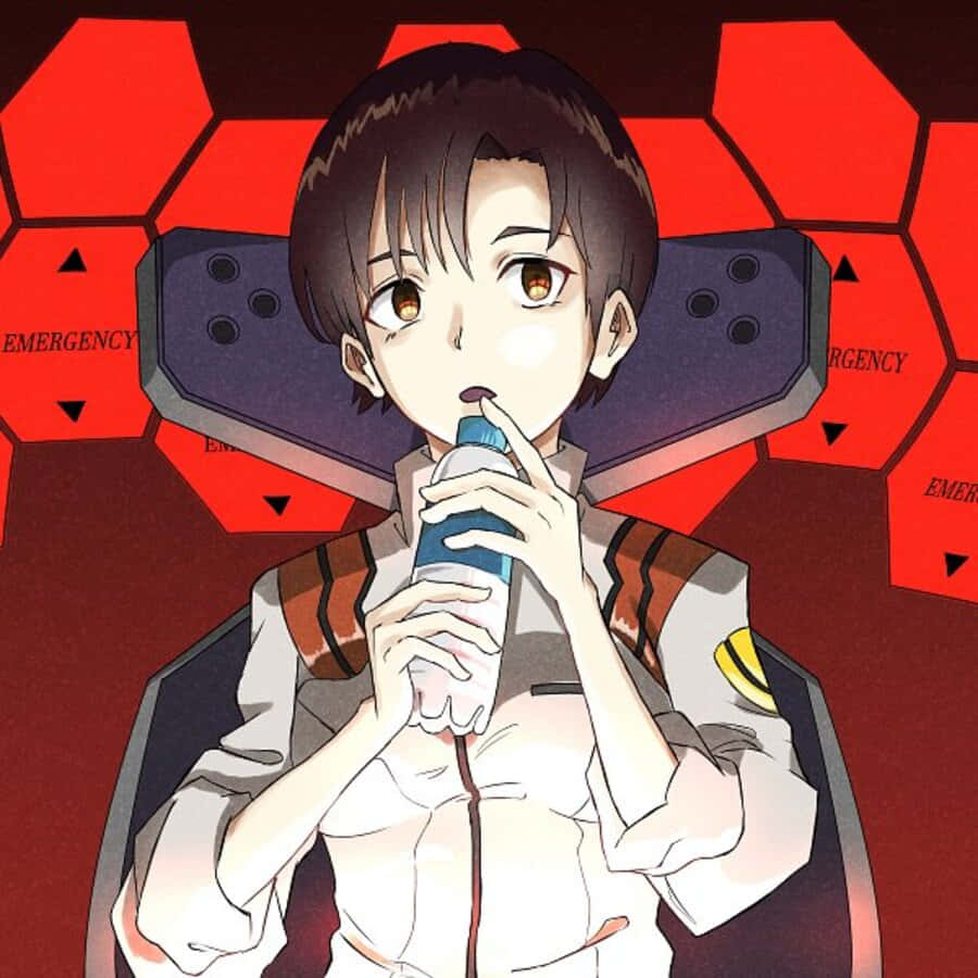 Maya Ibuki 桌布 壁紙 — 一個穿著白色制服的年輕動漫角色，在紅色六角形緊急牆前面用瓶子喝水。