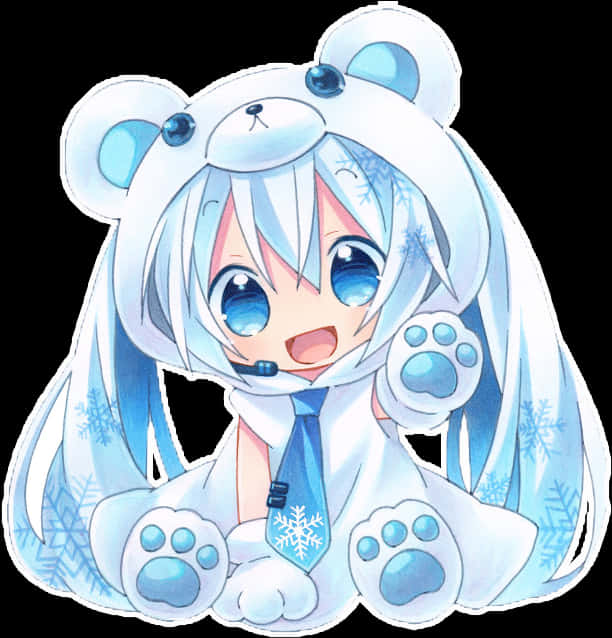 Anime Chibi 桌布 壁紙 — 一個穿著白色北極熊服裝、帶有藍色點綴和雪花圖案的開朗動漫女孩，露出燦爛的笑容。
