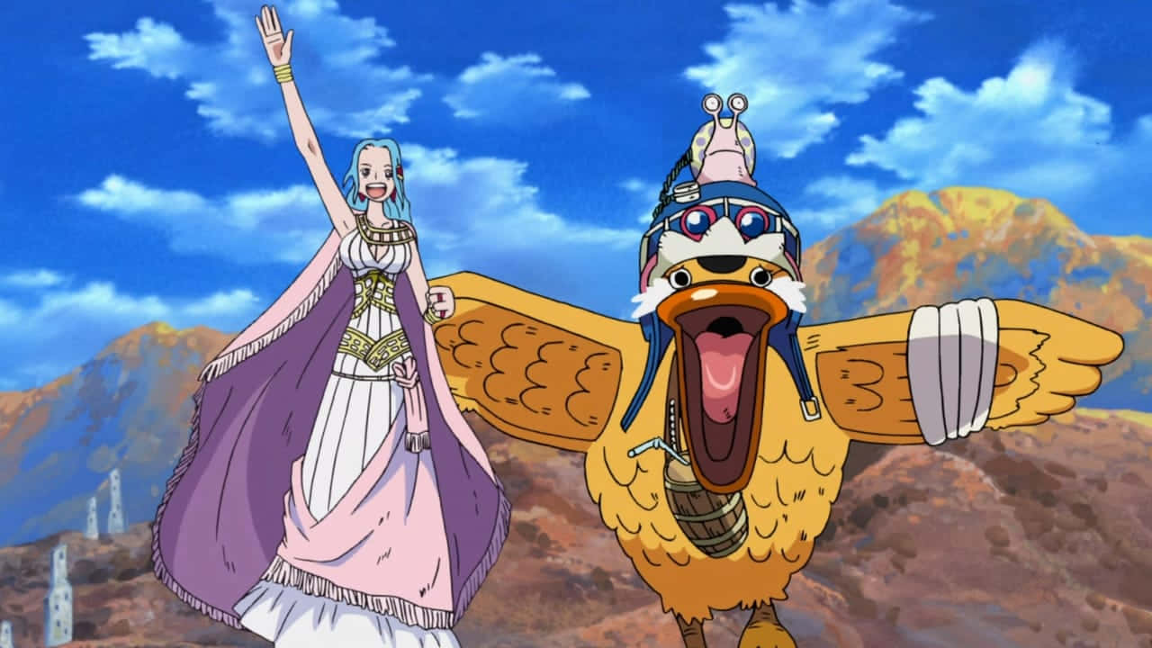 Alabasta 桌布 壁紙 — 一個穿著白色和紫色長袍的開朗動畫女孩，在戴著護目鏡和蝸牛帽子的巨大鳥類生物旁邊，對著多山的天空揮手。