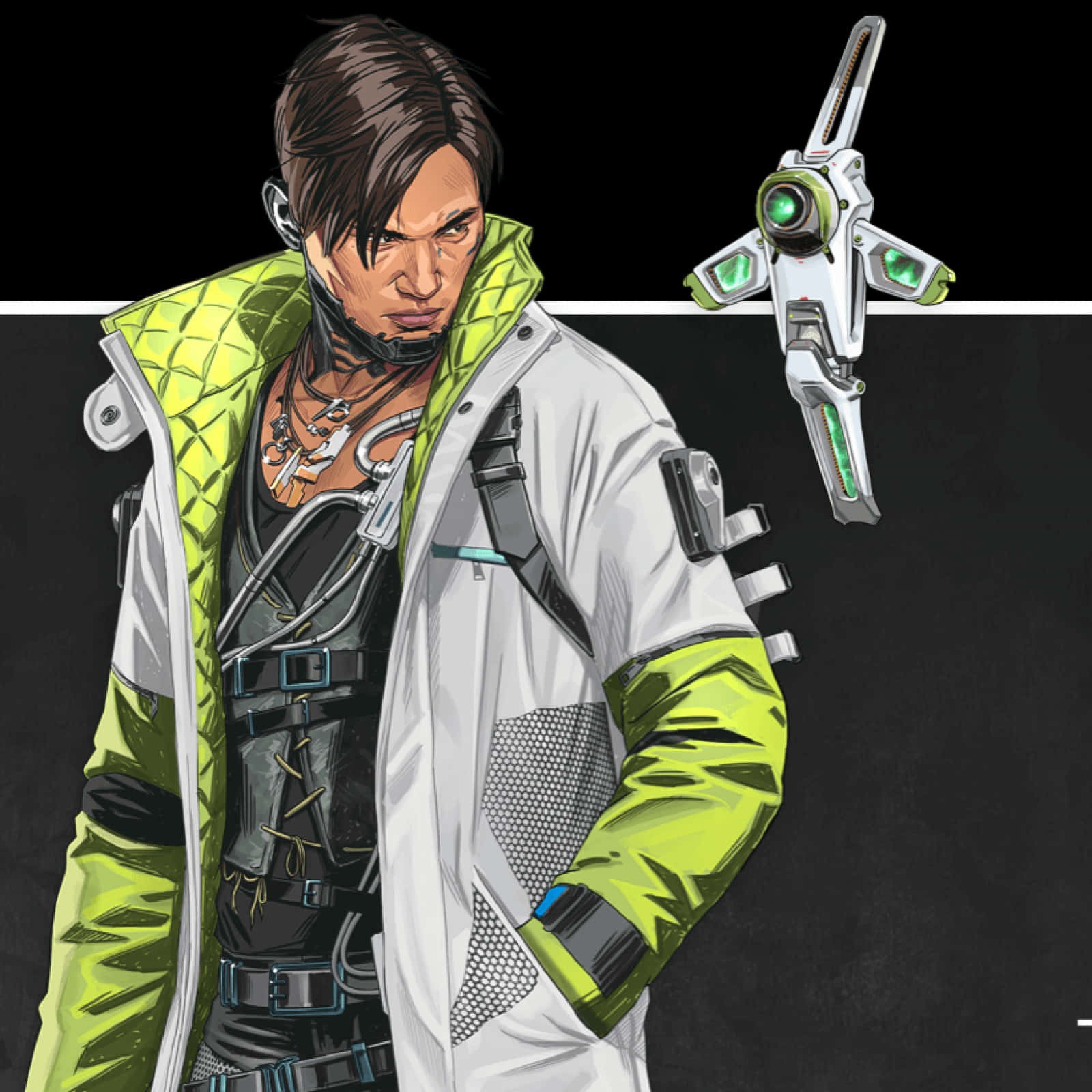 Apex Legends Crypto 桌布 壁紙 — 一個穿著白色和螢光綠色外套的賽博龐克風格男性角色，站在黑色背景前，旁邊有一把發光的綠色未來武器。