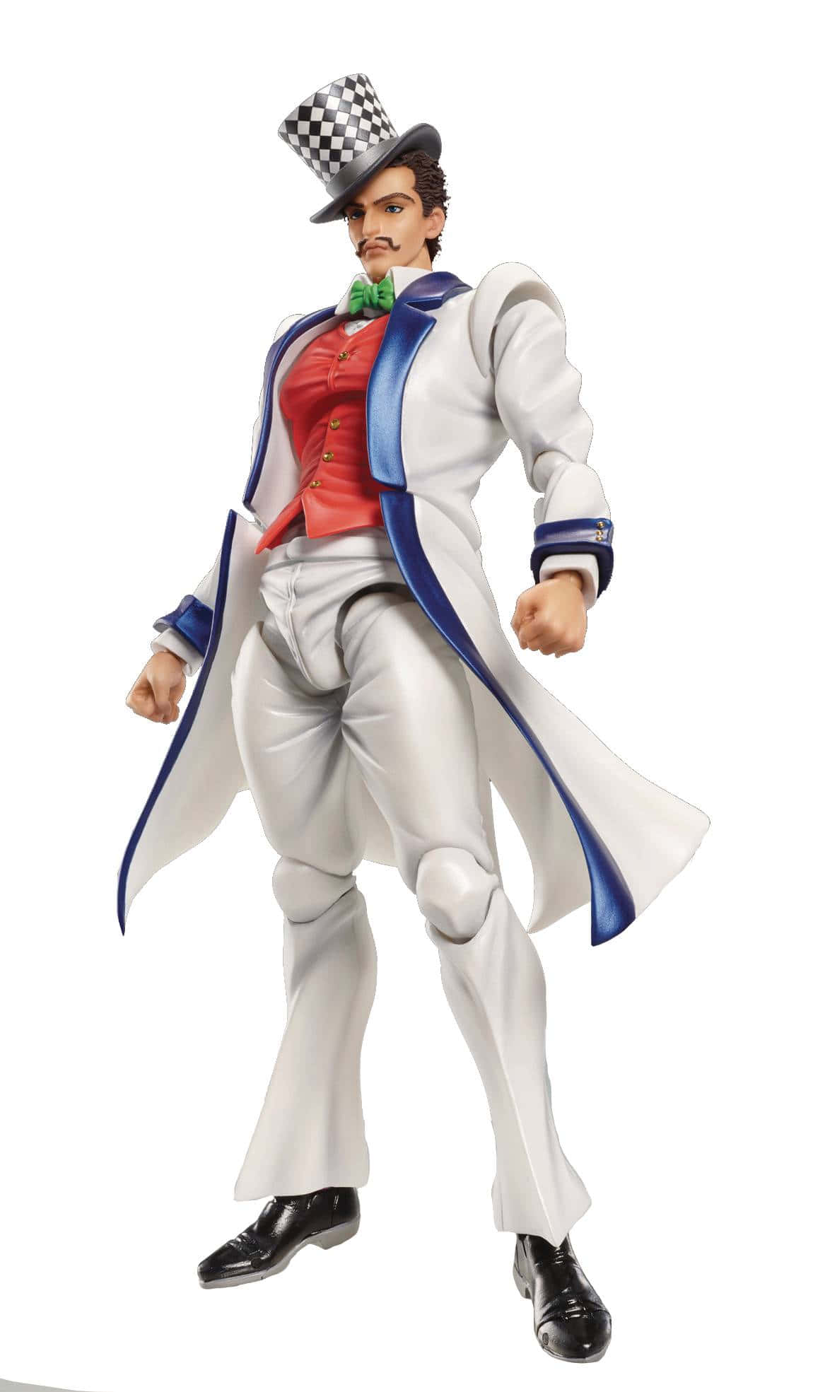 Will A Zeppeli 桌布 壁紙 — 一個穿著白色外套、紅色背心和格紋高帽的男人的詳細動漫人偶，在純白色背景前動態擺姿勢。