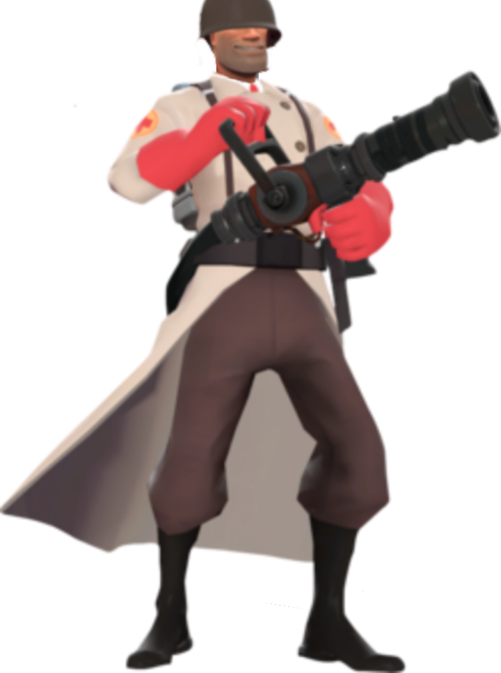 Tf2 桌布 壁紙 — 一個穿著白色外套和紅色手套的卡通士兵，在黑色背景前拿著一把大型黑色武器。