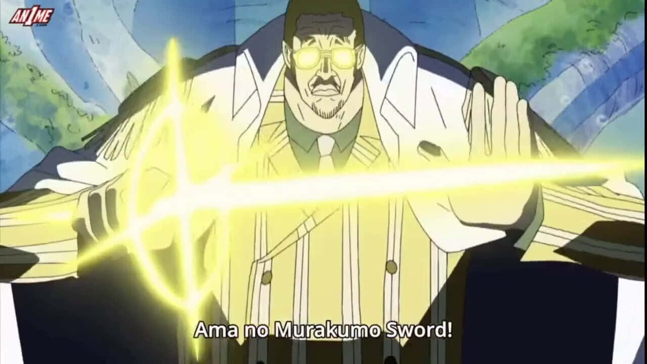 Kizaru 桌布 壁紙 — 一個穿著白色外套的動漫角色，在藍色和綠色的背景下，雙手之間引導著發光的黃色劍能量。