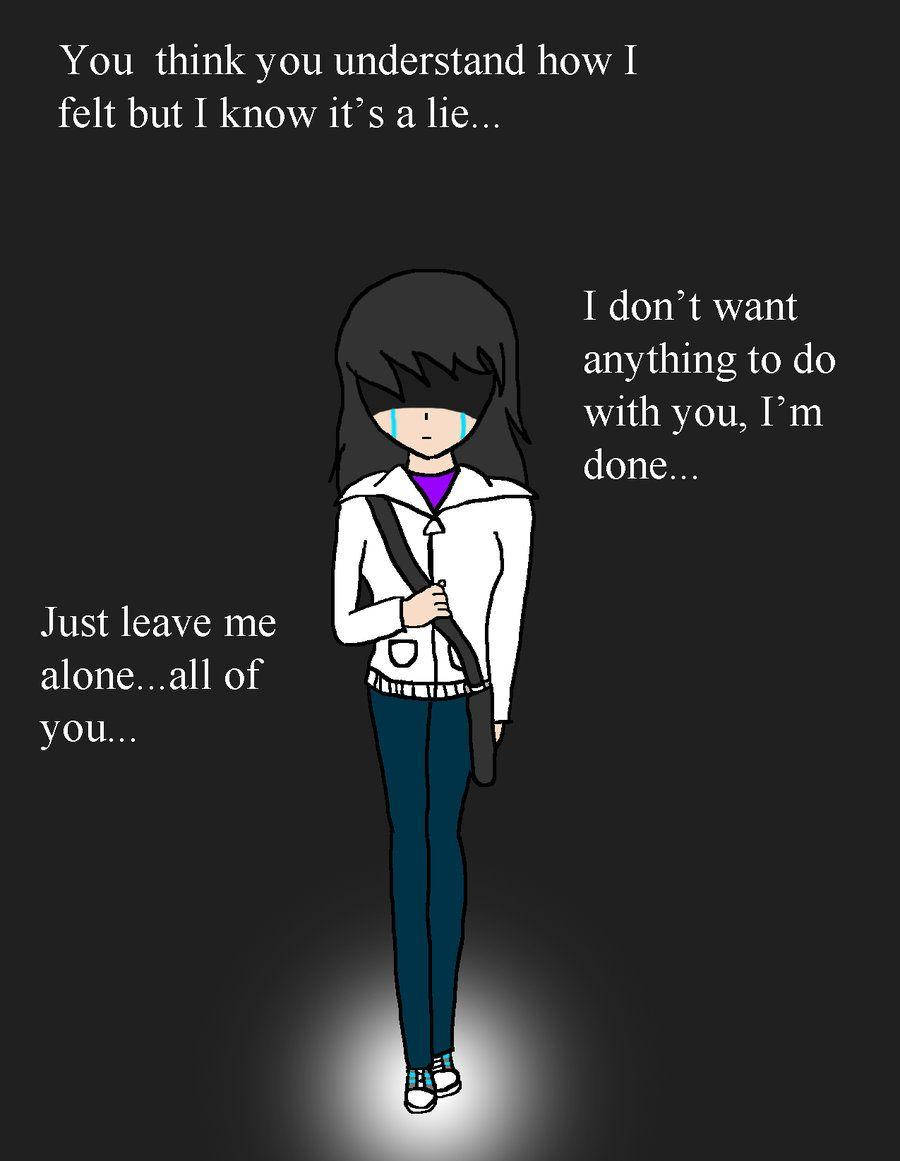Sad Girl 桌布 壁紙 — 一個穿著白色外套的哭泣動漫女孩獨自站在聚光燈下，文字揭示了她情感上的拒絕。