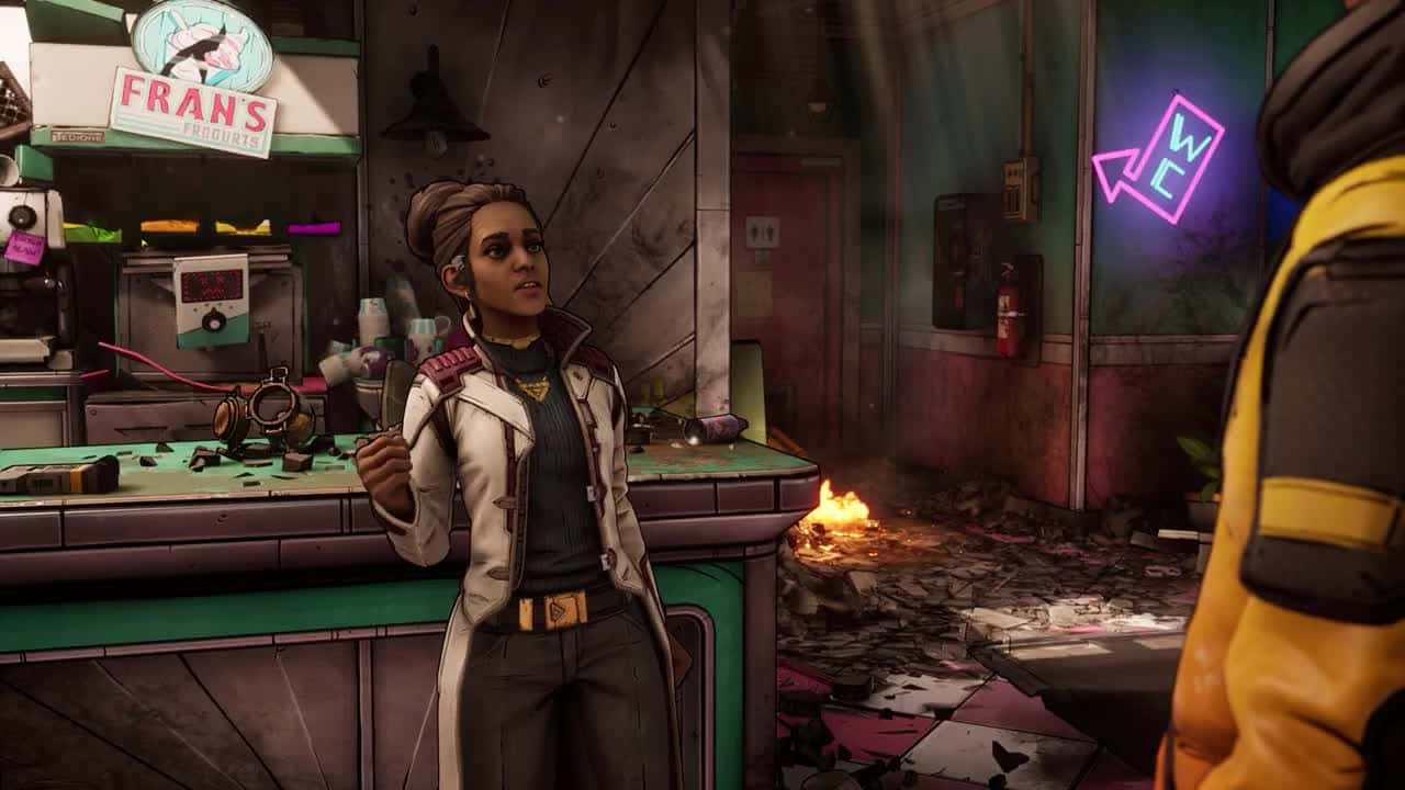 Borderlands Characters 桌布 壁紙 — 一個穿著白色外套的女性角色站在一個雜亂的櫃檯前，身處一個霓虹燈照亮、受損的便利商店，地板正在燃燒。