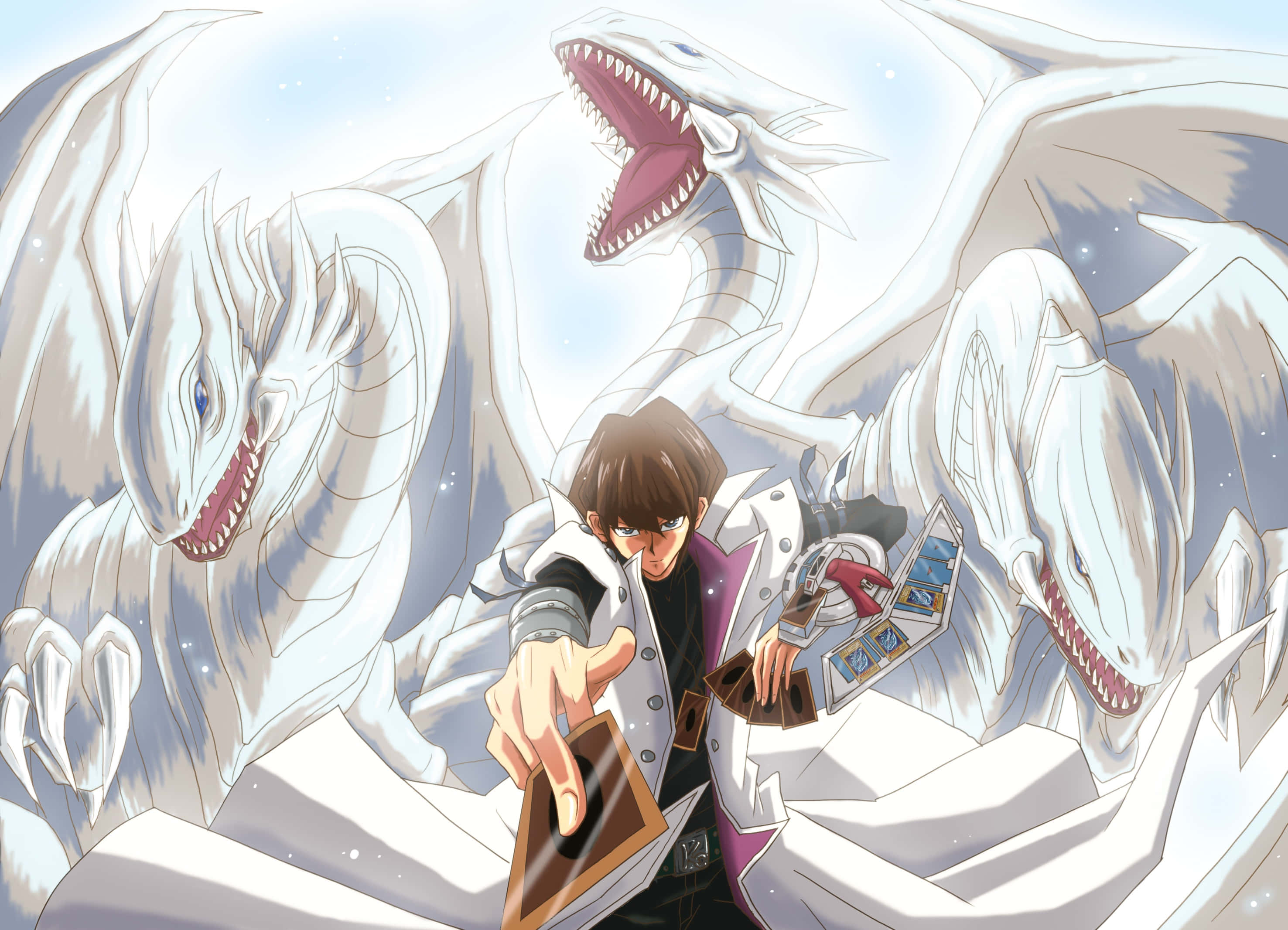 Seto Kaiba 桌布 壁紙 — 一個穿著白色外套的年輕動漫男孩在明亮的雪景背景下召喚三條巨大的白色龍。