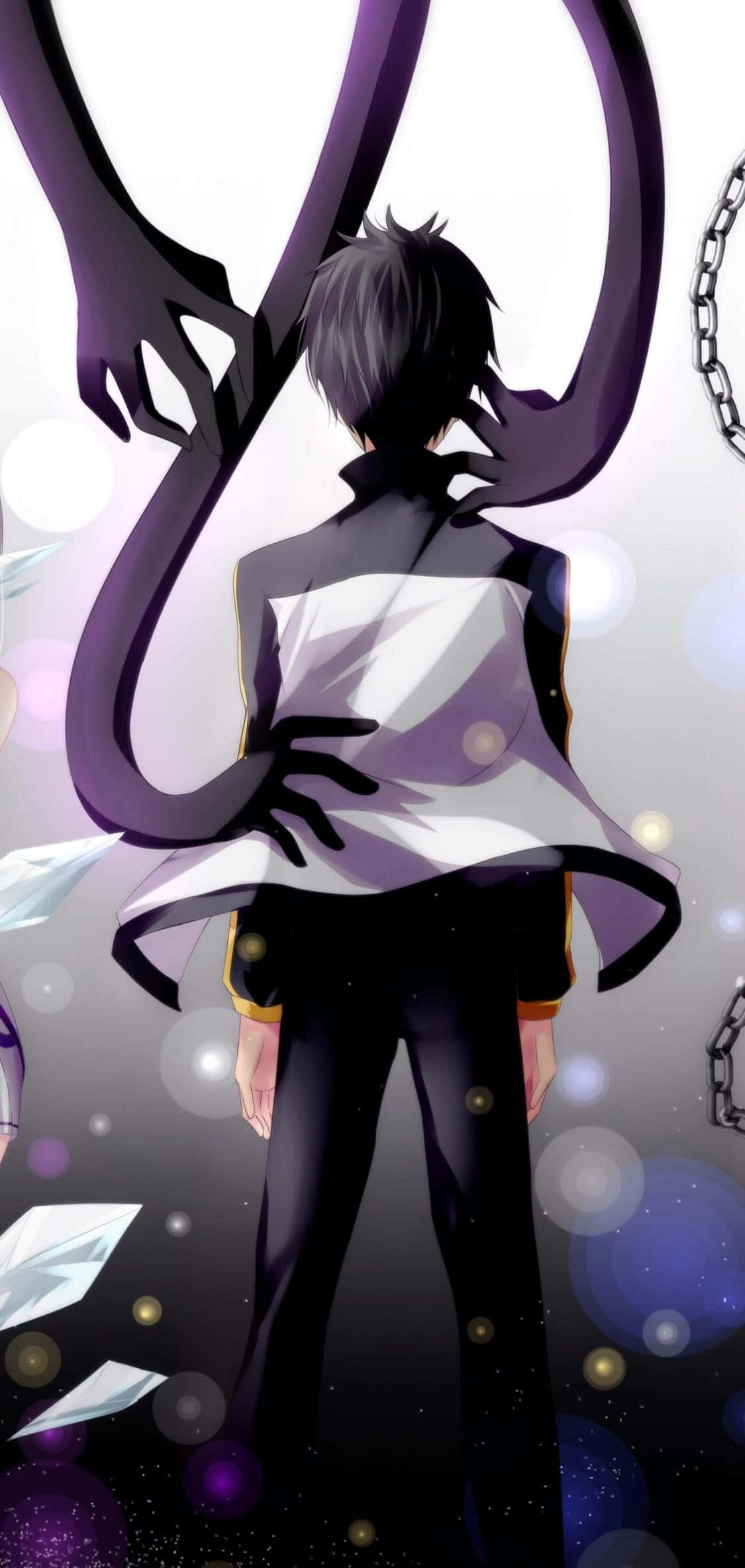 Subaru Natsuki 桌布 壁紙 — 一個穿著白色外套的年輕動漫男孩站在閃爍的宇宙背景前，深紫色的鎖鏈在他周圍旋轉。