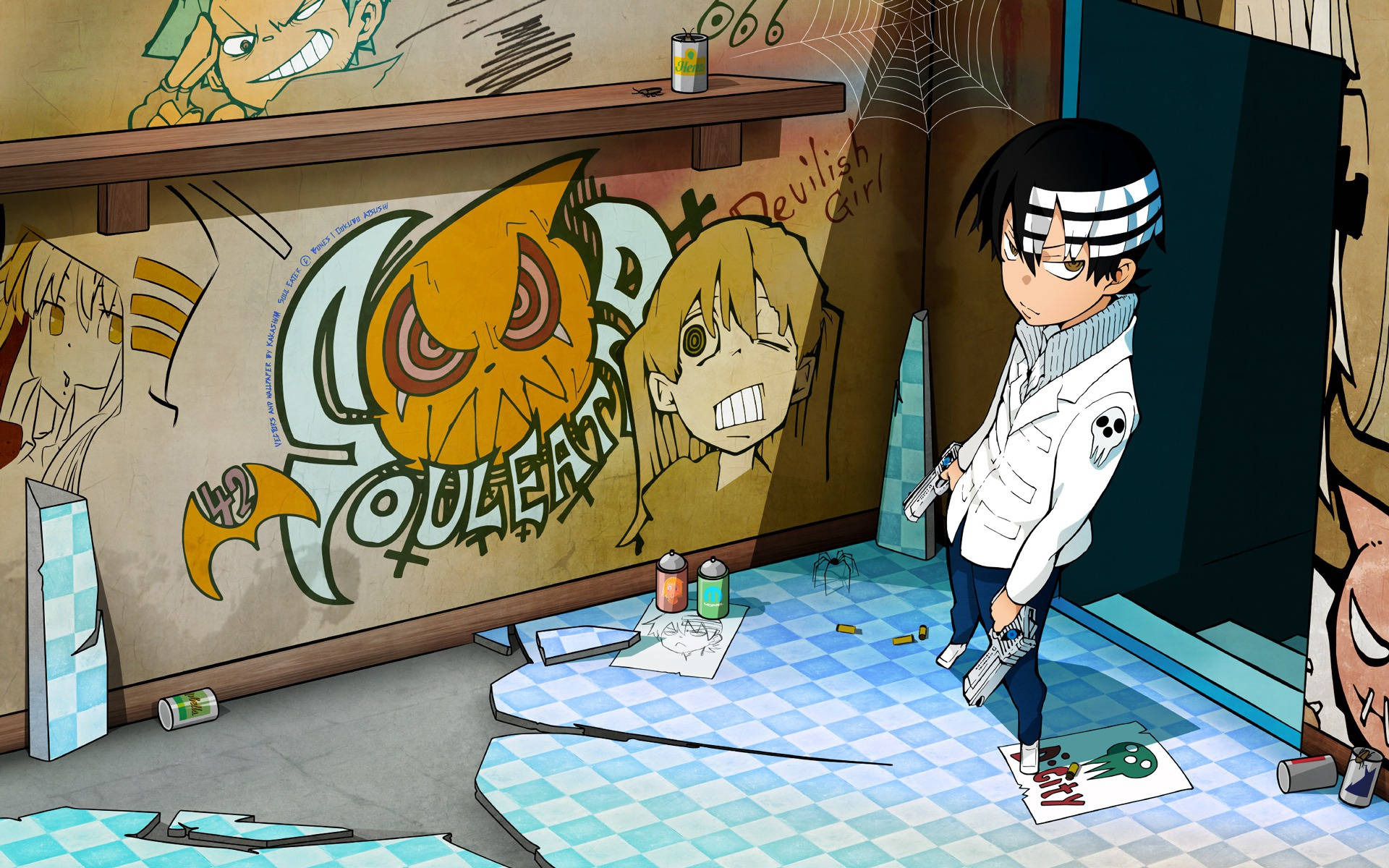 Soul Eater Characters 桌布 壁紙 — 一個穿著白色外套的年輕動漫男孩站在一個充滿塗鴉、地板破損的棋盤格房間裡，還有噴漆罐。