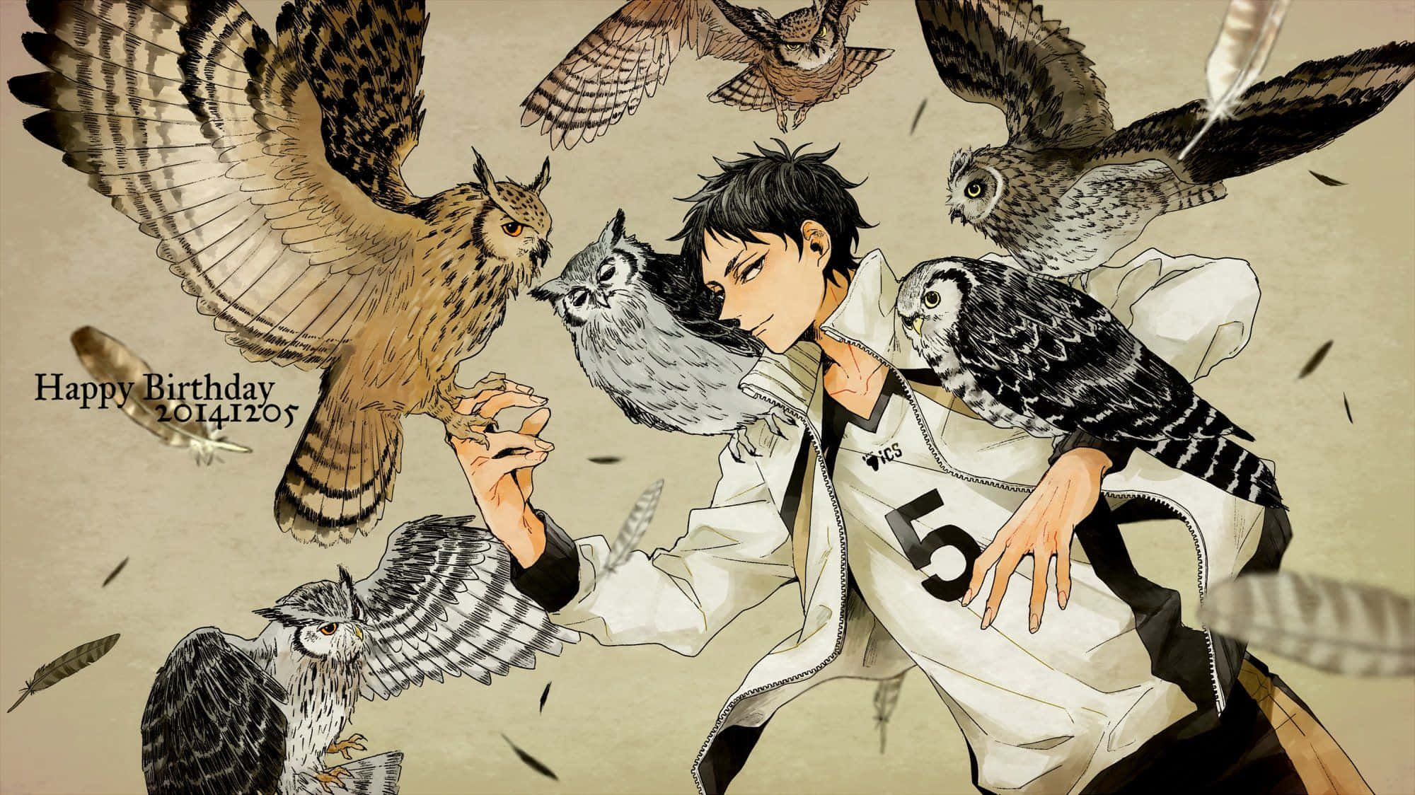 Keiji Akaashi 桌布 壁紙 — 一個穿著白色外套的年輕男子被多隻正在飛行的貓頭鷹包圍，背景是米色紋理。