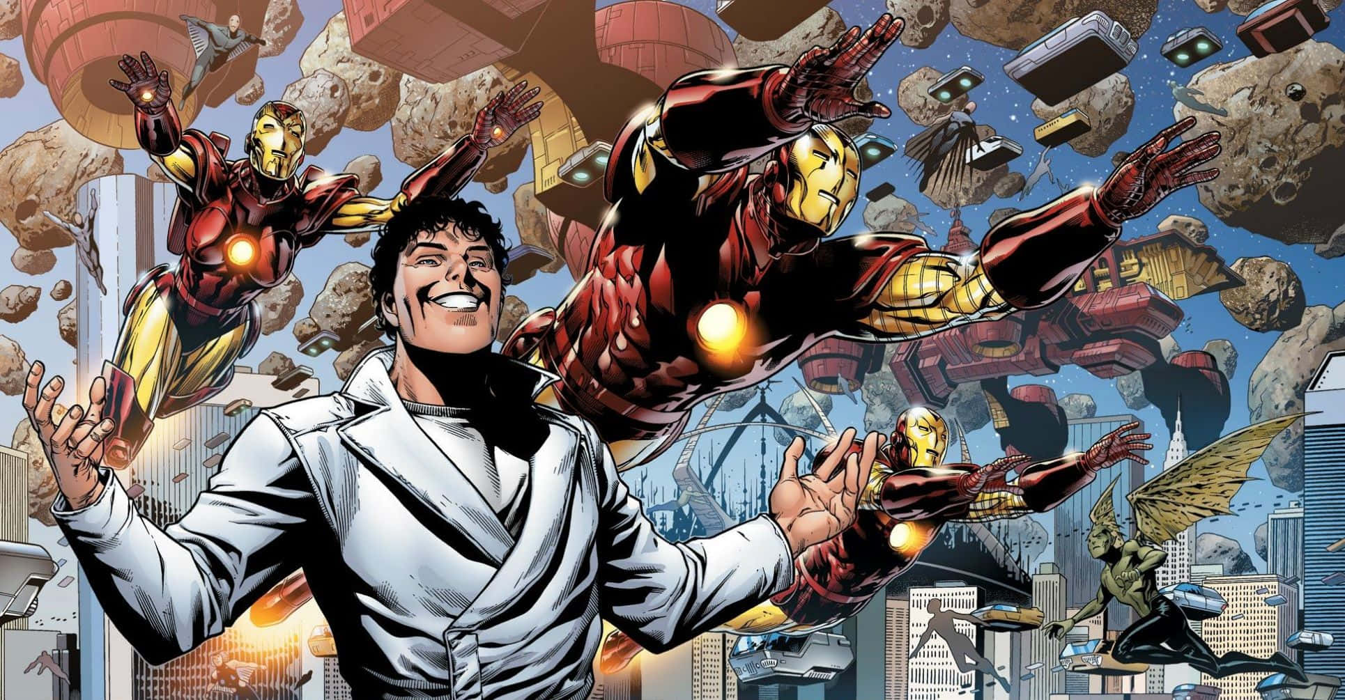 Beyonder 桌布 壁紙 — 一個穿著白色外套的男人勝利地站著，多個鋼鐵人裝甲在他周圍飛翔，四周有漂浮的碎片和城市建築。