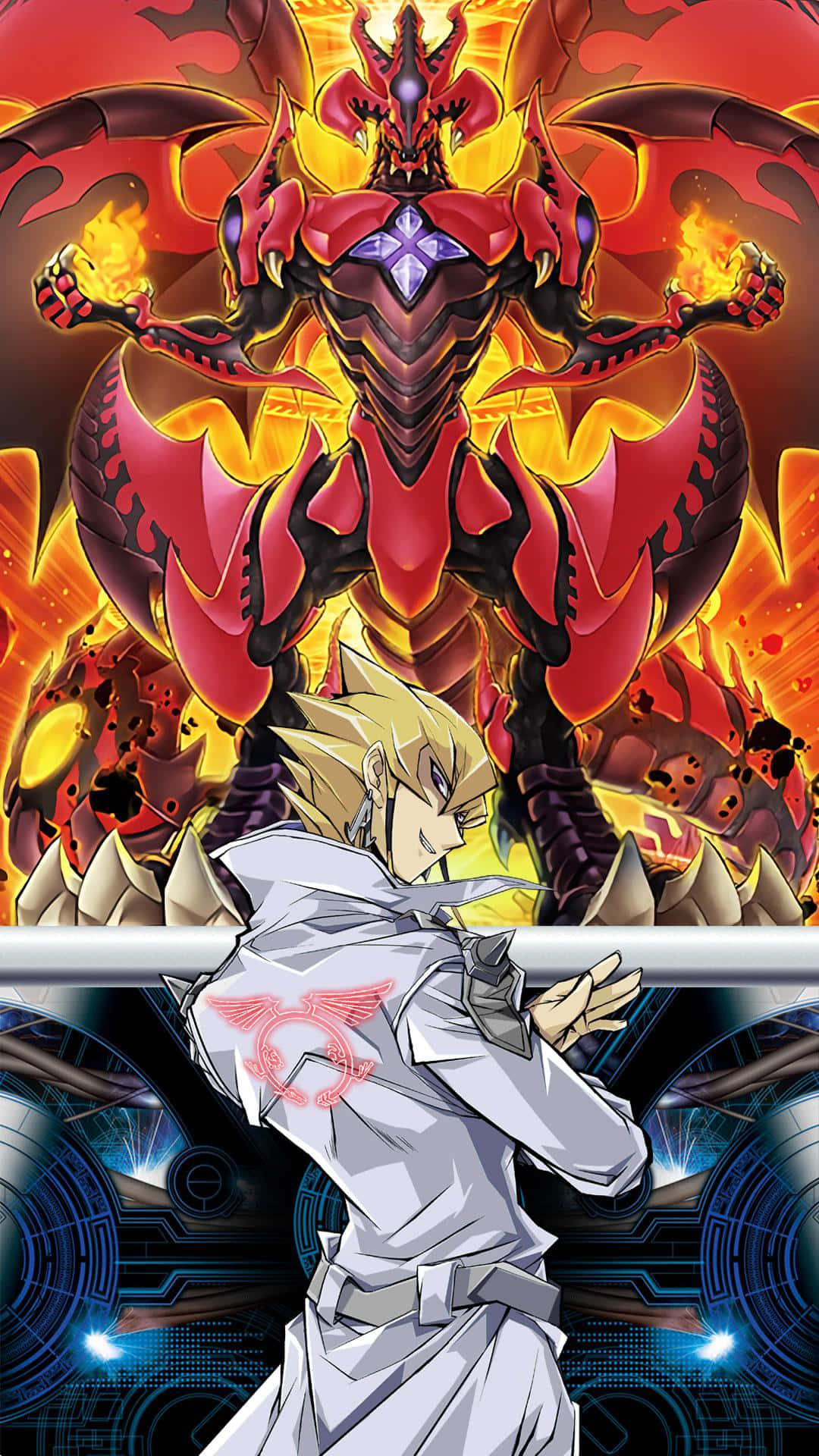 Jack Atlas 桌布 壁紙 — 一個穿著白色外套的金髮年輕動漫男孩，面對著一隻眼睛發光、翅膀燃燒的紅色巨龍，背景是熾熱的橙色。