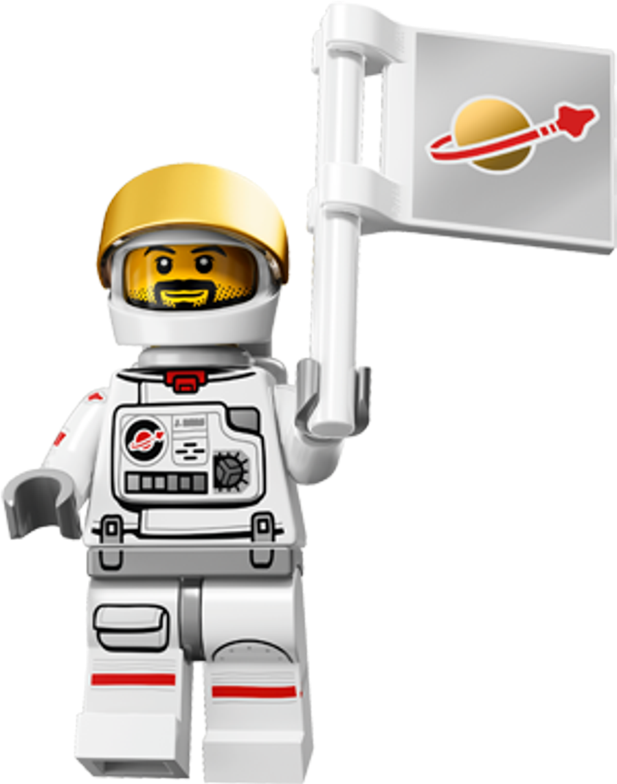 樂高 桌布 壁紙 — 一個穿著白色太空衣、戴著金色頭盔的LEGO太空人迷你人偶，手持一面旗幟，上面有一枚紅色火箭環繞著一顆黃色行星。