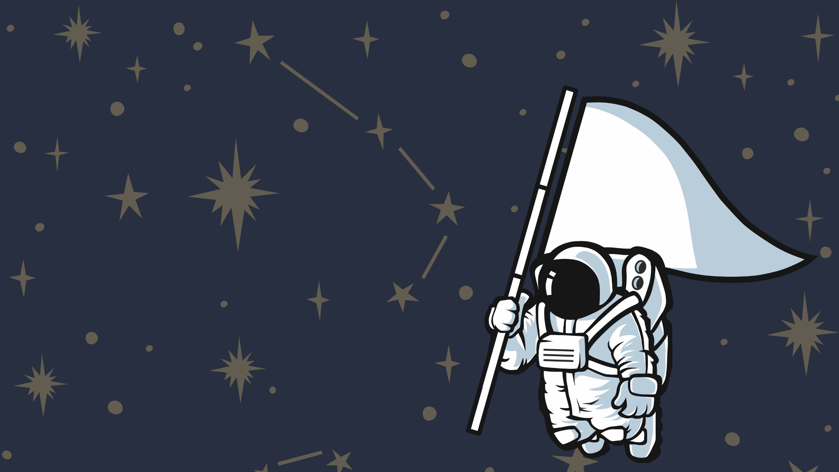 太空人 桌布 壁紙 — 一個穿著白色太空衣的卡通太空人，在繁星閃爍、星座可見的夜空下舉著旗幟。